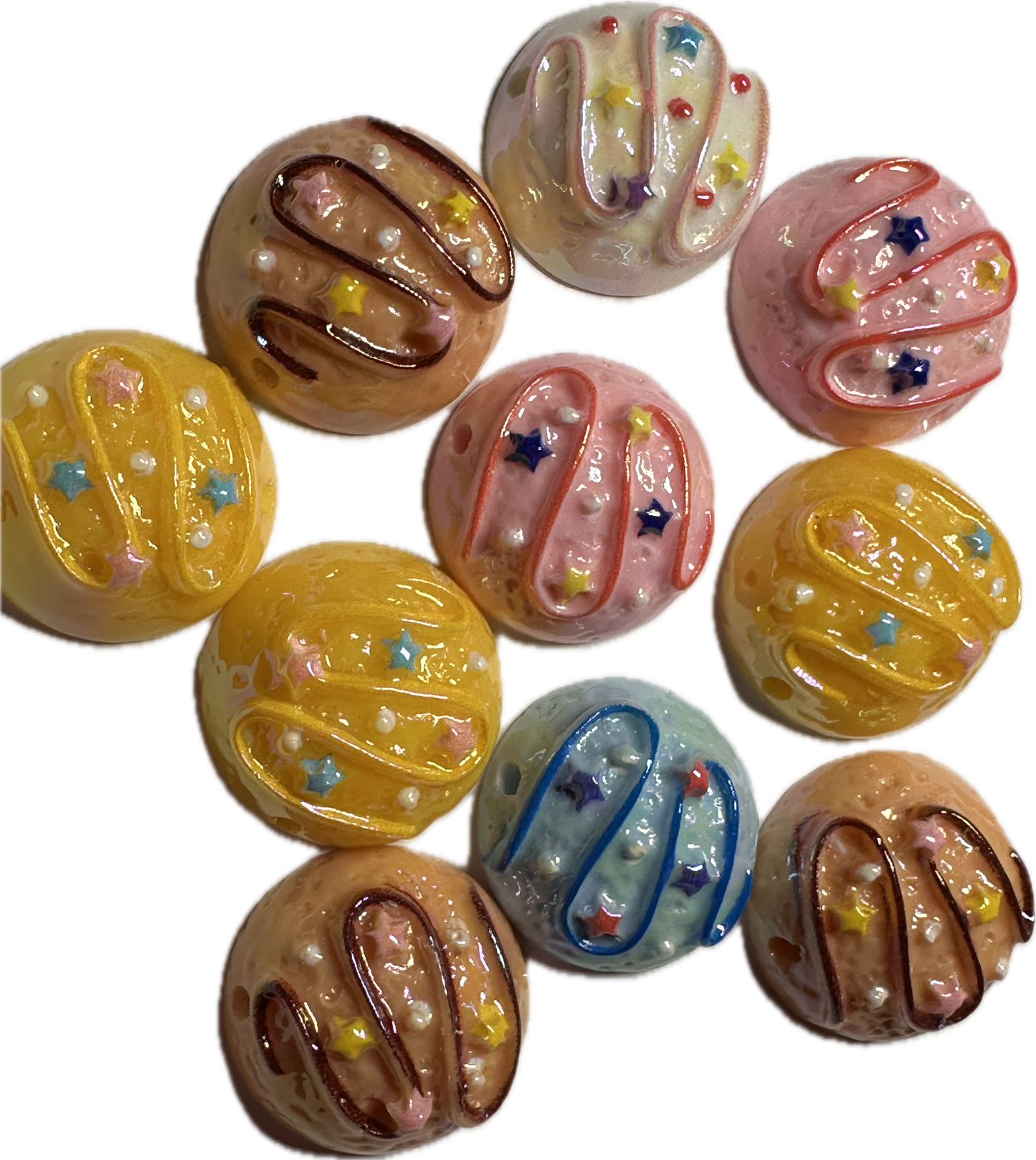 Five (5) unique pastel cookie beads included/ random choice of colors/ snack shaped acrylic/ Perfect for pen beading/ jewelry making/