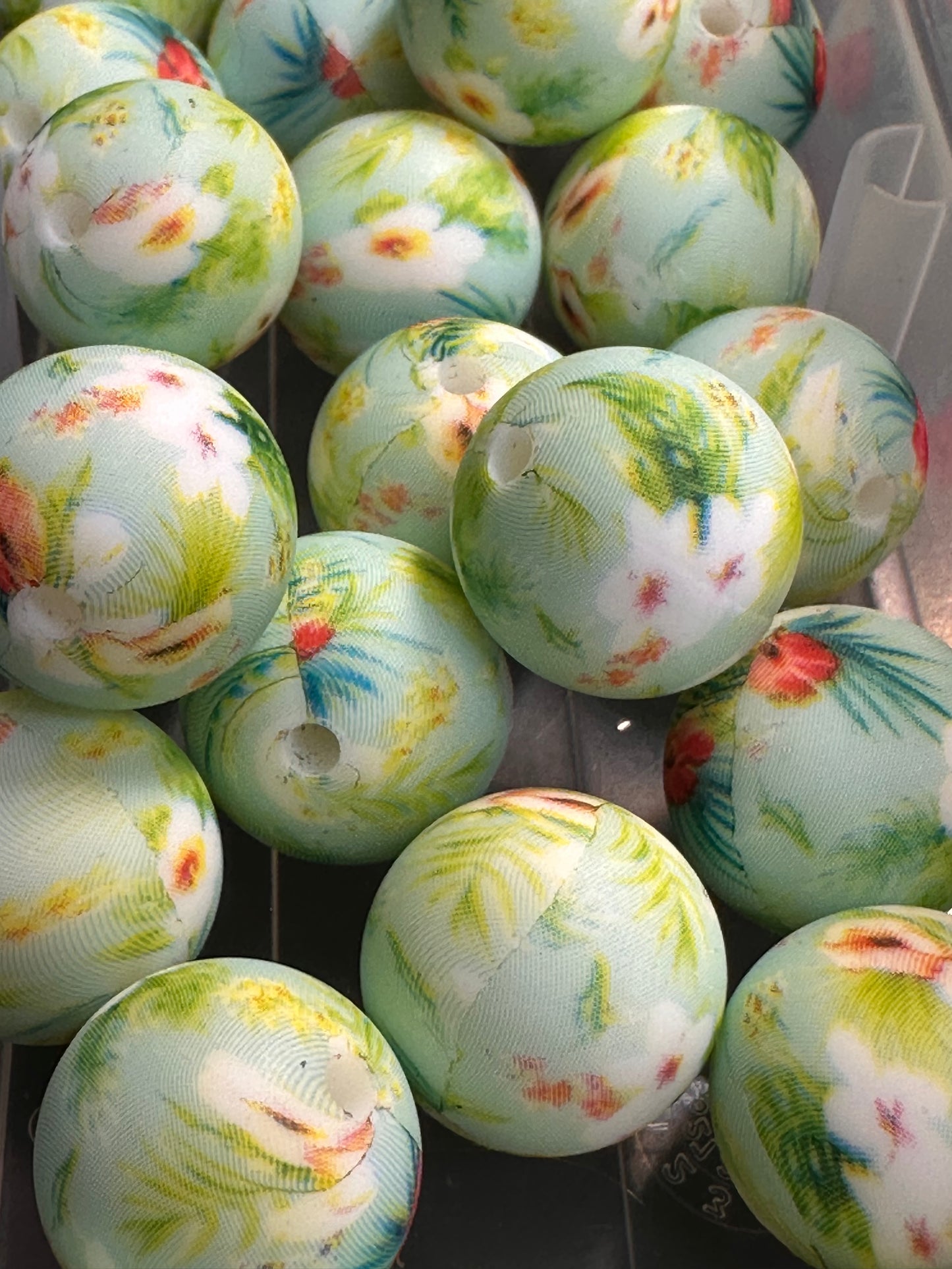 Flowery printed beads /15 mm round shaped/beadable pen/ keychain bead/10 beads included/