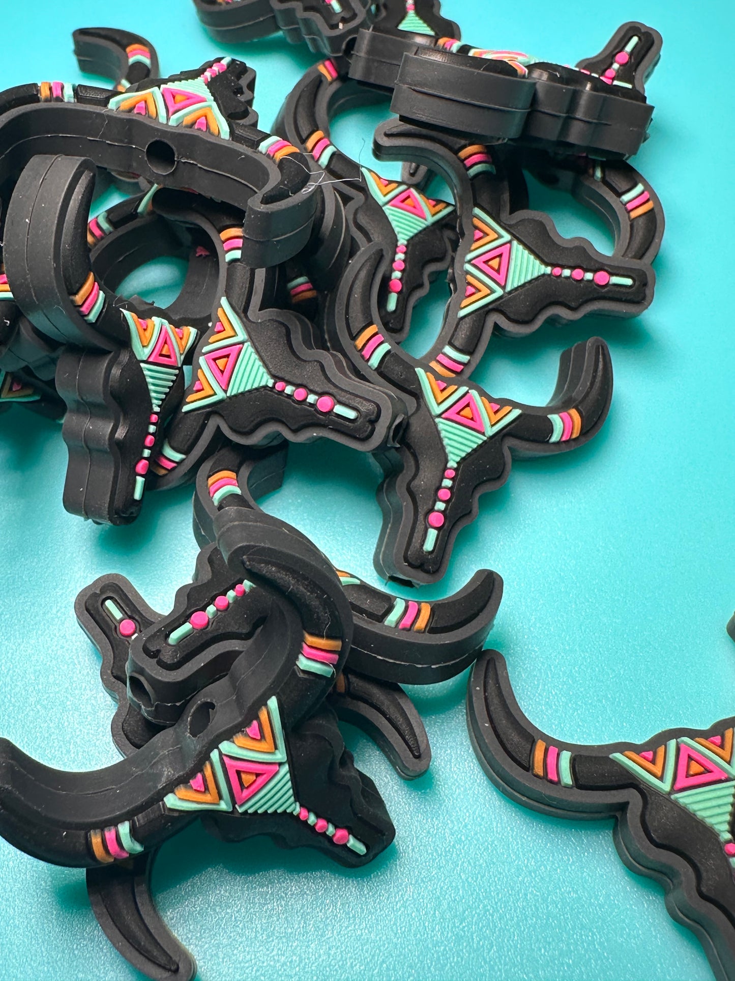 Aqua and pink Aztec cow head steer skeleton Focal Bead /