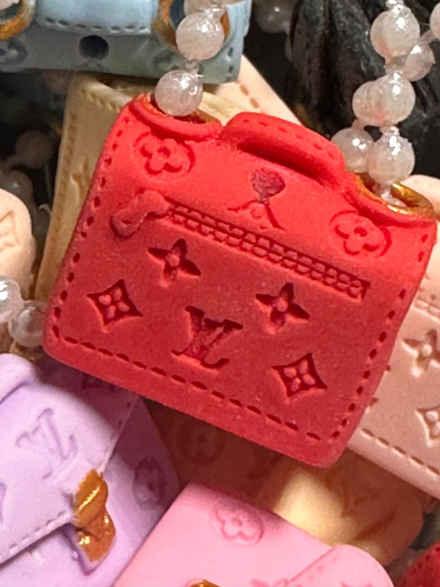Fancy design handbag with beaded pearl handle/set of 5/hole for jewelry,beaded pens, and phone charms