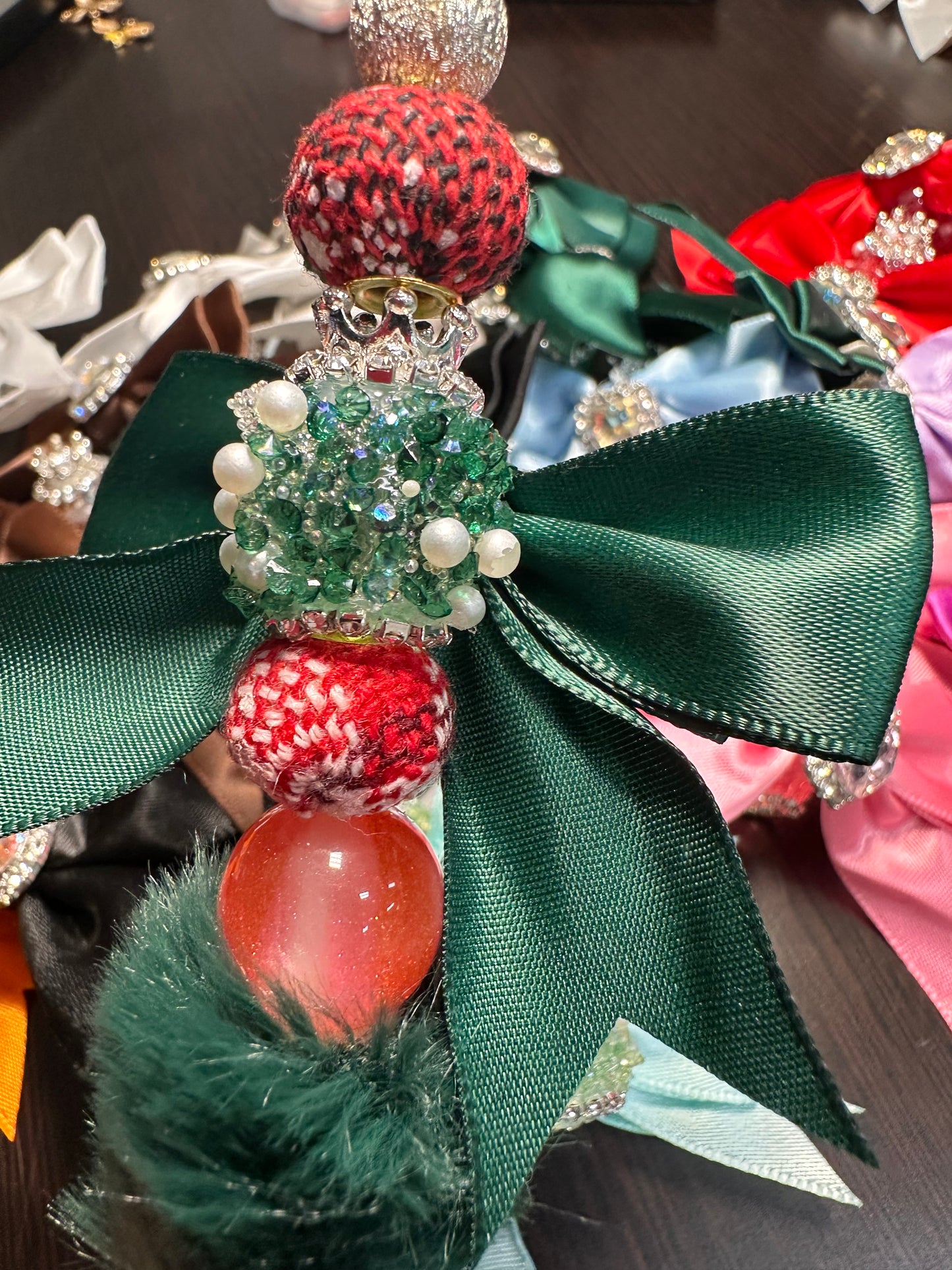 Large fancy rhinestones crown beads with satin bow