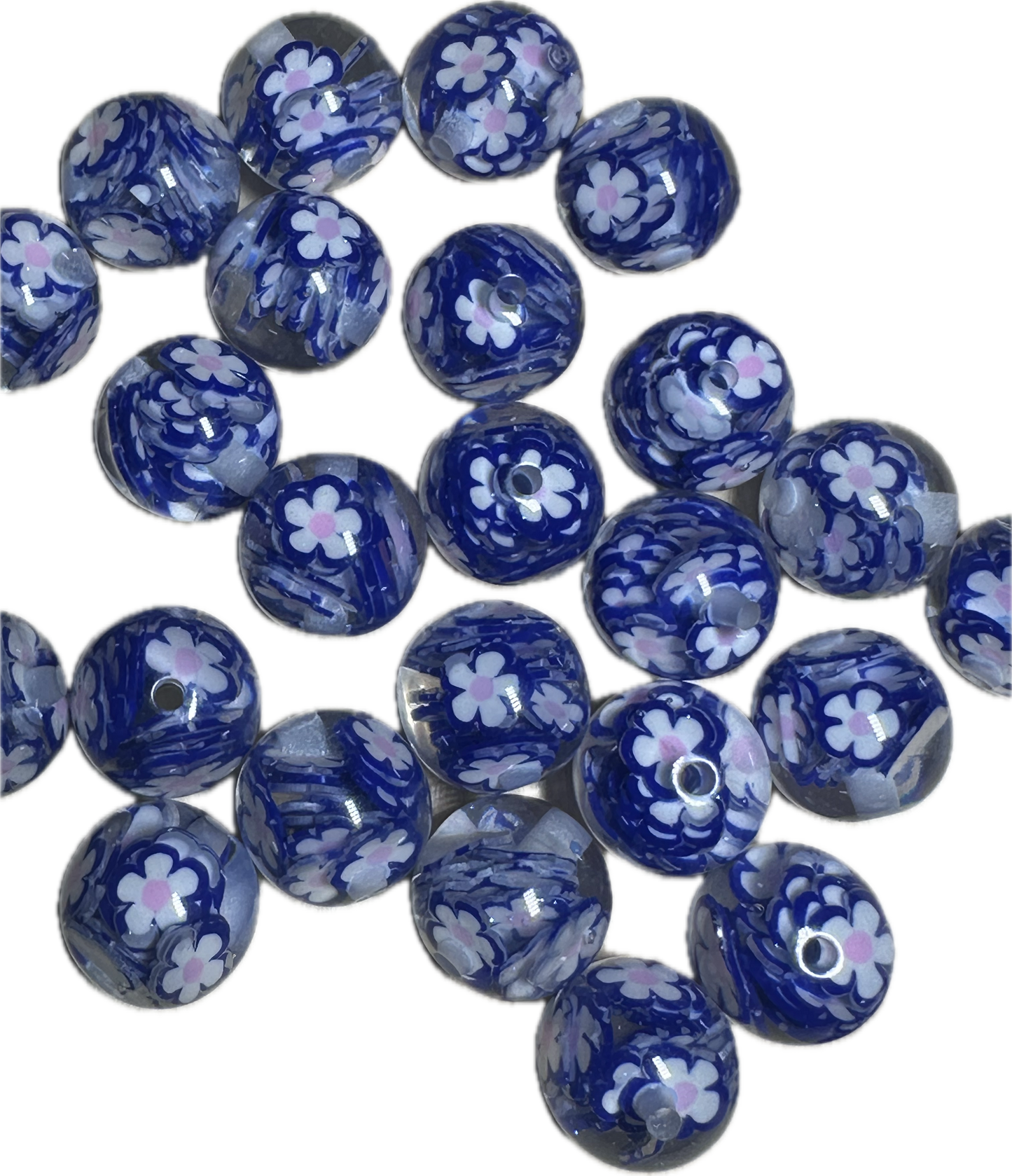 20mm resin beads with blue and white colored flowers inside/ set of five (5) 20mm beads/ infused beads/ pen beading beads/ beautiful / keychain beads/ DIY