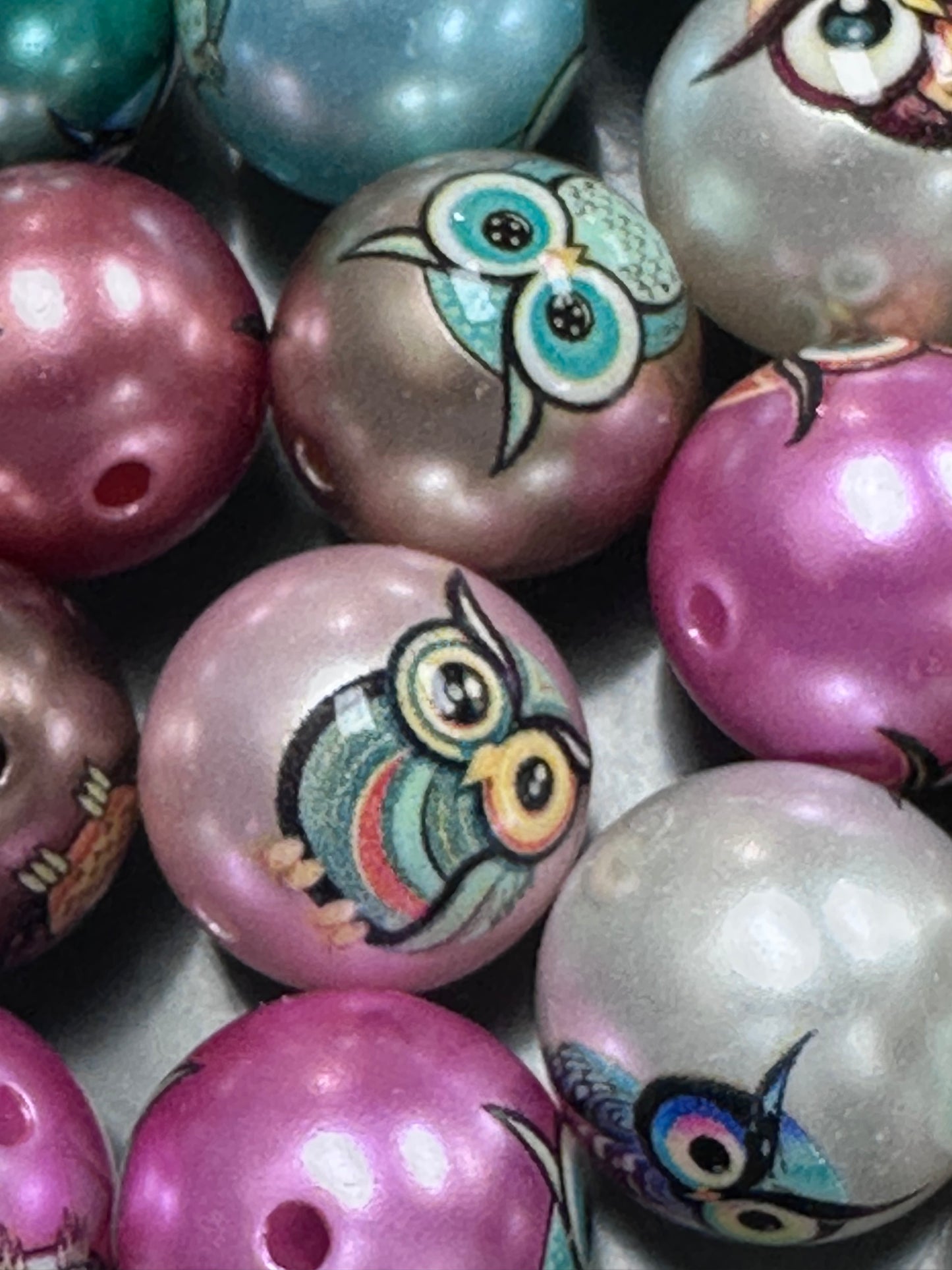 Ten (10) satin colorful owl beads/ round shaped beads/ pen beading beads / keychain beads/ DIY/ 16mm/
