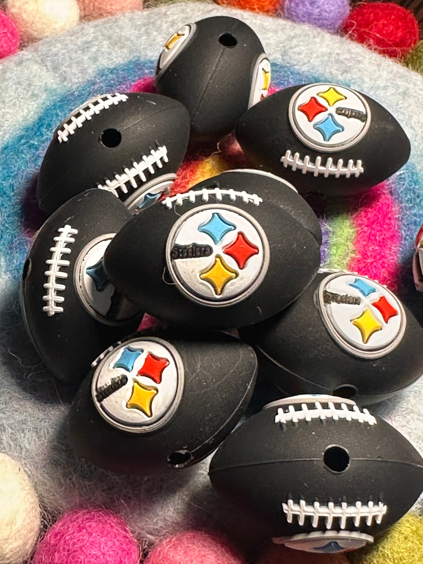 3D Pittsburg Steelers focal bead / black silicone football