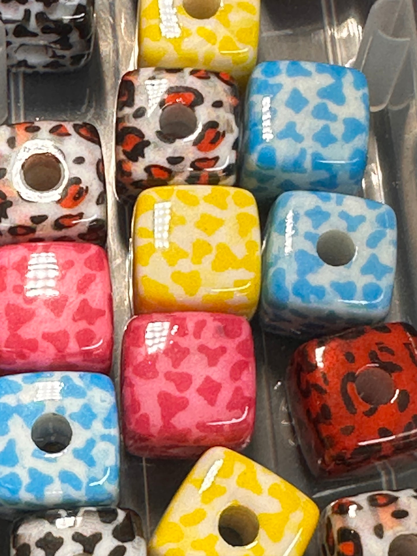 Ten (10) animal print cube shaped beads/ pen beading beads / keychain beads/ DIY/ 14mm/ acrylic/ assorted colors