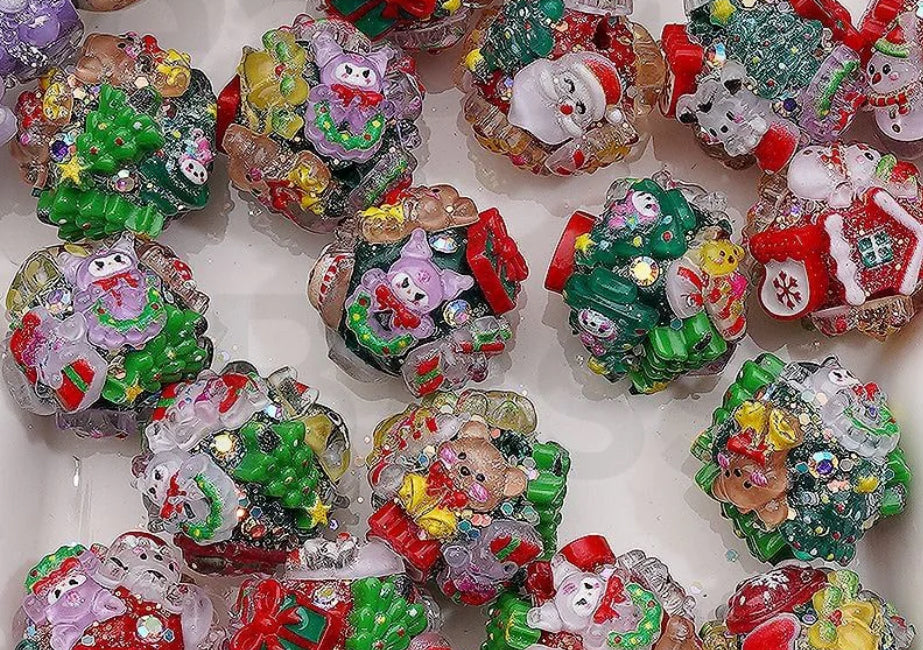 Fancy handmade glow in the dark Christmas beads/luminous/fancy Beads/ beadable pen/ keychain bead/ /20mm approx./ clay beads with charms/tree/sanrio/house/kuku/poncho/ bear