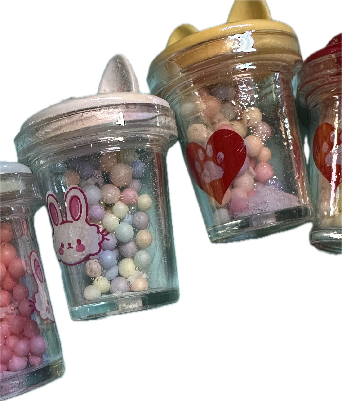 Clear shaker Cat Panda Bunny Paw Print Heart Design Clear Cup Bottle with cat ears on lid/ Small Colorful Mini Balls Inside Acrylic Beads, Random Mix, 34x22mm approx. /random choice of colors/ cup shaped acrylic/Perfect for pen beading/ jewelry making/