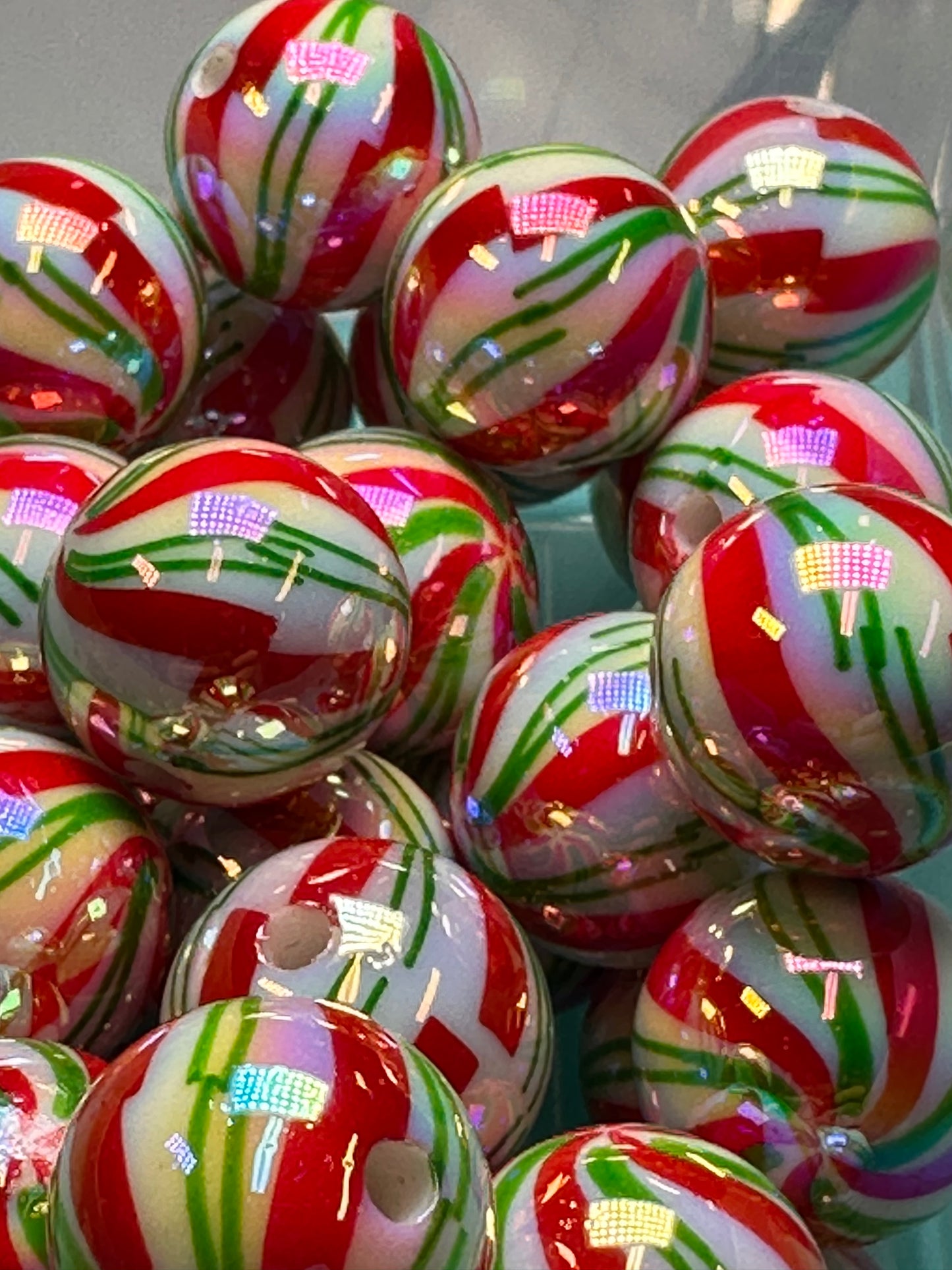 Acrylic red, green, and white striped beads included/ Bead/ beadable pen/ keychain bead/ Christmas bead/ Ten (10) beads