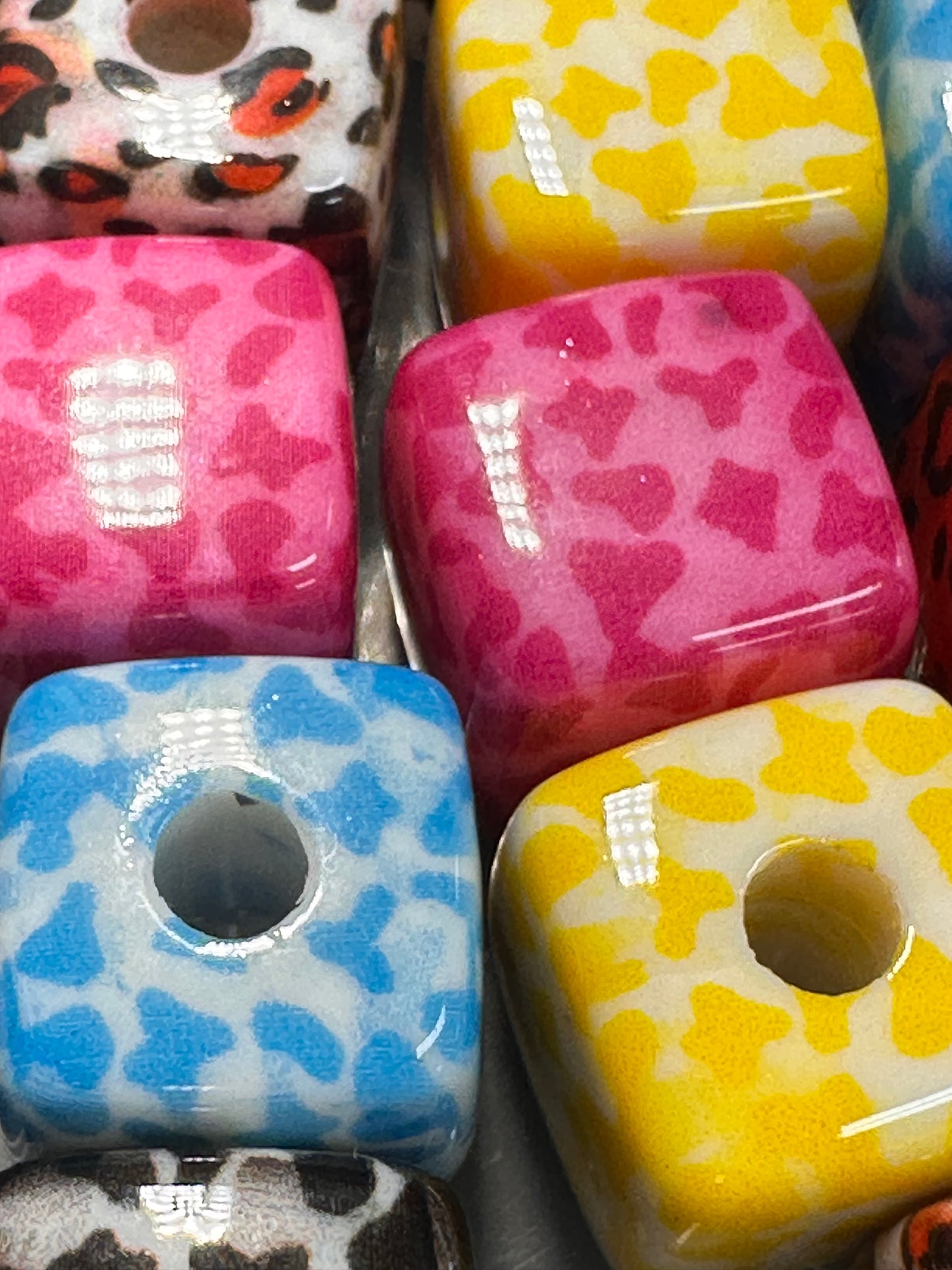 Ten (10) animal print cube shaped beads/ pen beading beads / keychain beads/ DIY/ 14mm/ acrylic/ assorted colors