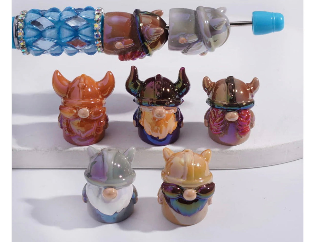 3D horned helmet Viking gnomes acrylic bead/ beadable pen/ fantasy dwarf/ keychain bead/uv coated/set of 2