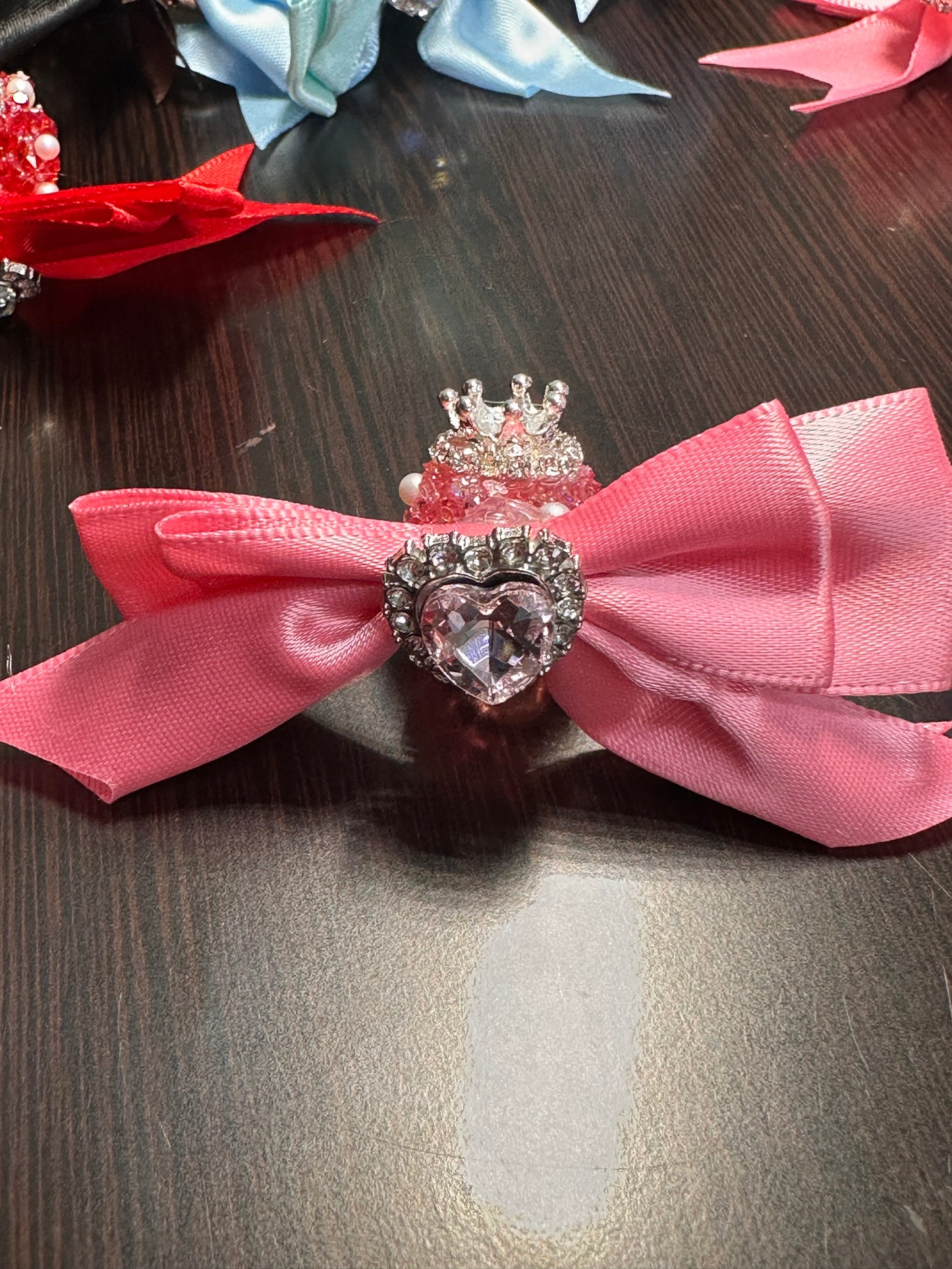 Large fancy rhinestones crown beads with satin bow