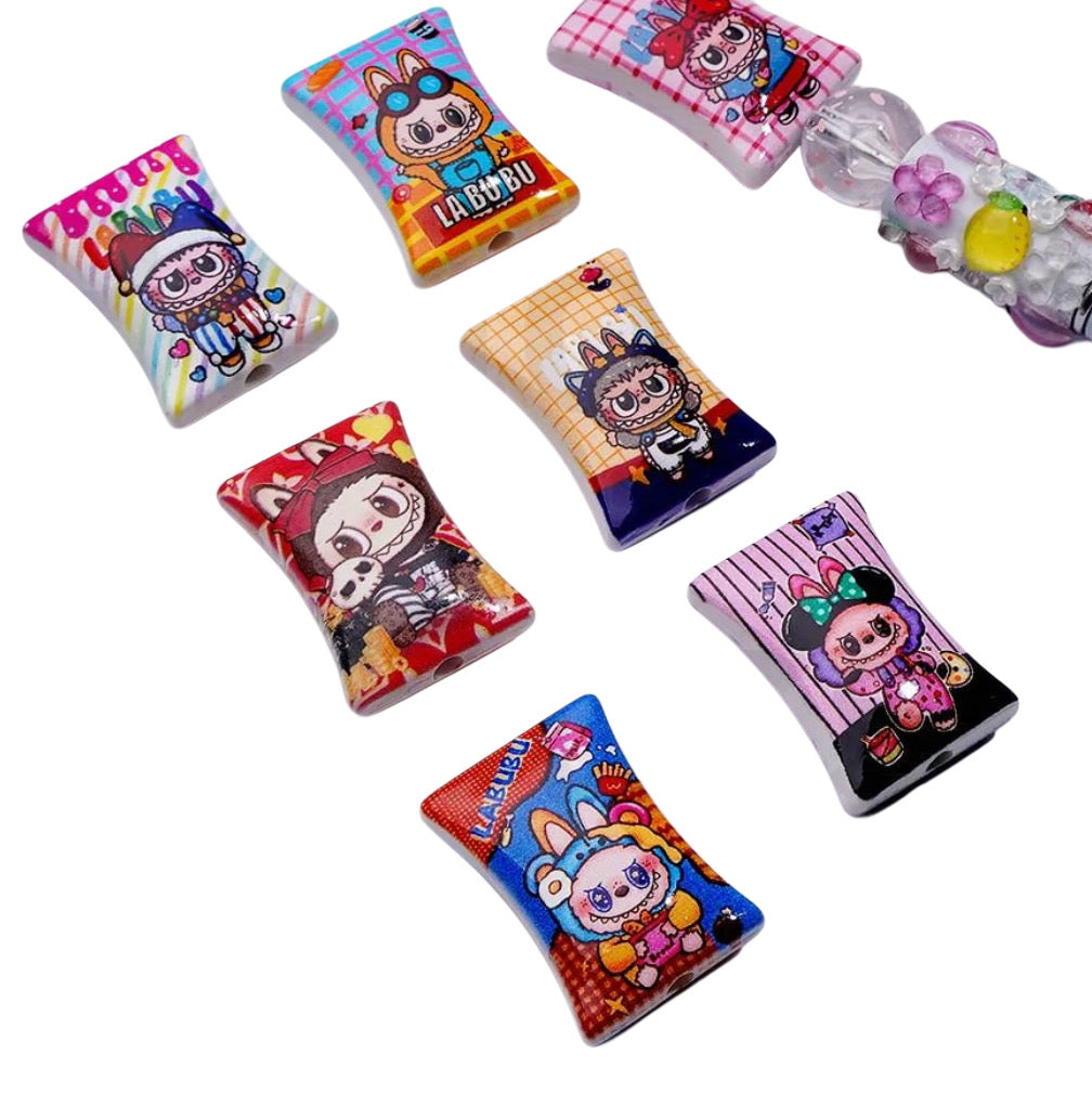 Labubu monster acrylic beads/ Ten (10) beads included assorted styles / rectangle shaped beads/ pen beading beads / keychain beads/ DIY/ 34mm x 25mm