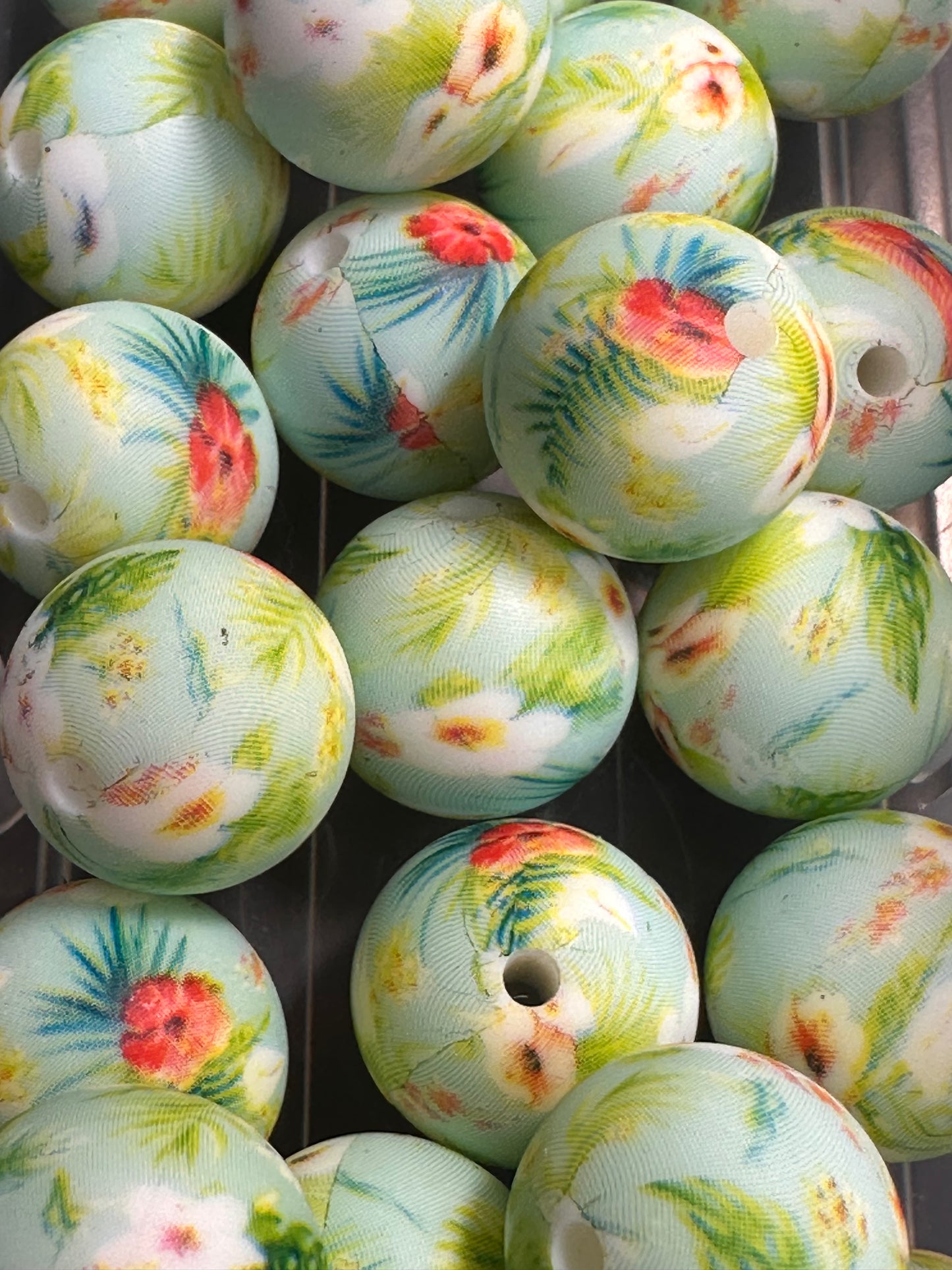 Flowery printed beads /15 mm round shaped/beadable pen/ keychain bead/10 beads included/