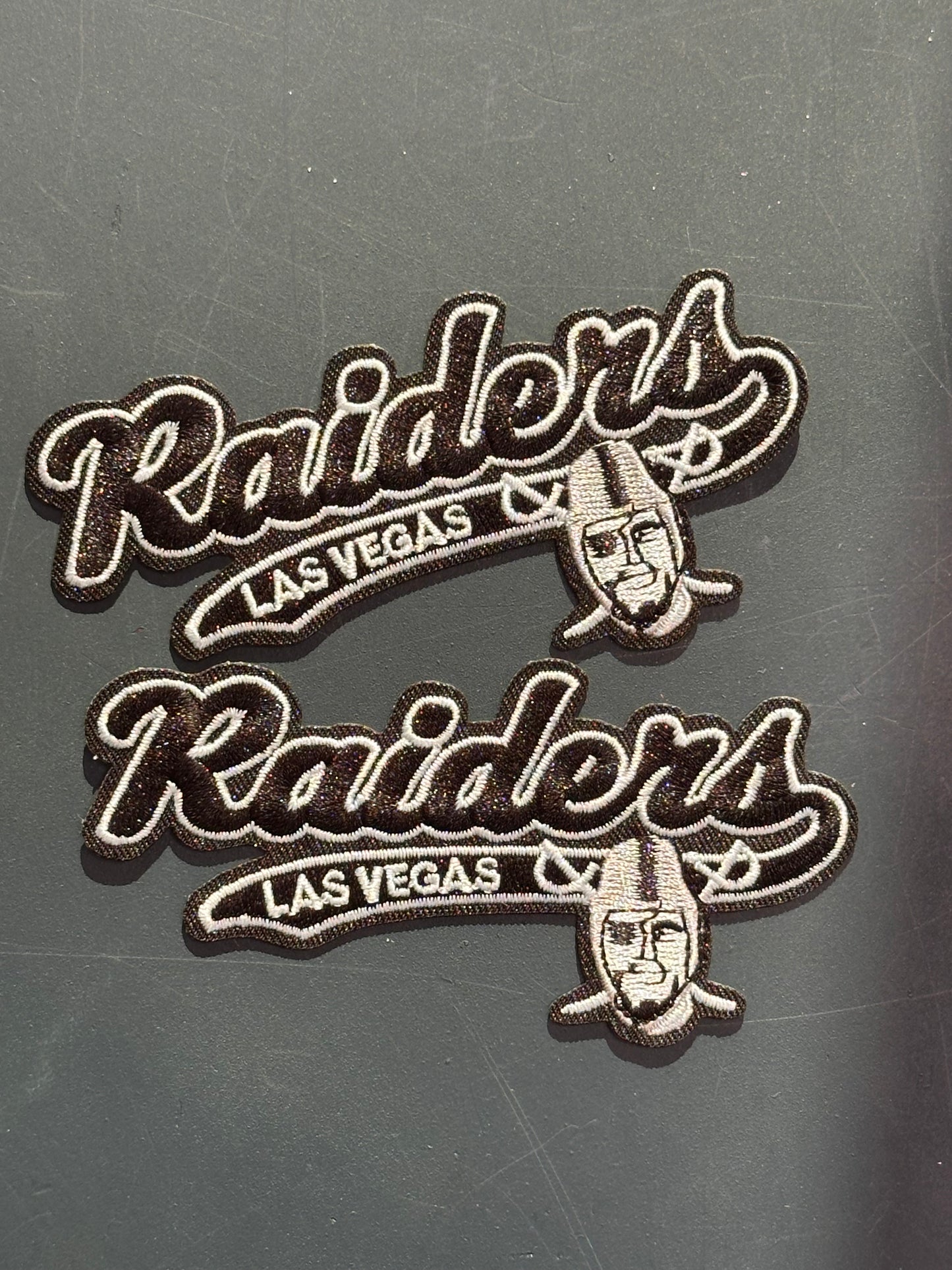 LAS VEGAS RAIDERS EMBROIDERED IRON ON PATCH/ SIZE APPROX 4" x 2"/ QUALITY MATERIAL/FABRIC PATCHES/FOOTBALL TEAM