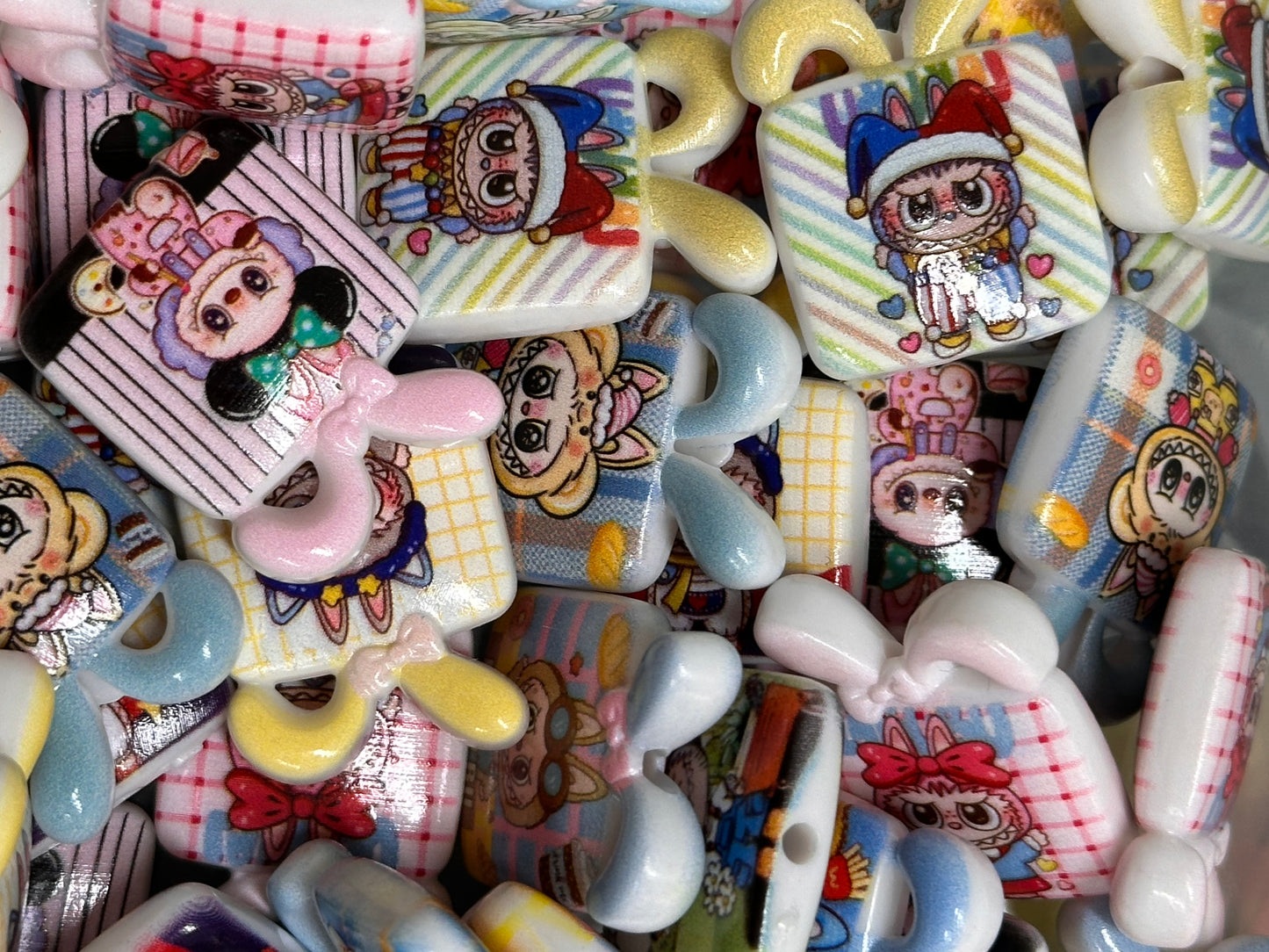 Labubu monster beads/ Ten (10) beads included assorted styles / double sided beads/ will fit pen / keychain beads/ DIY/approx. 25mm x 23mm