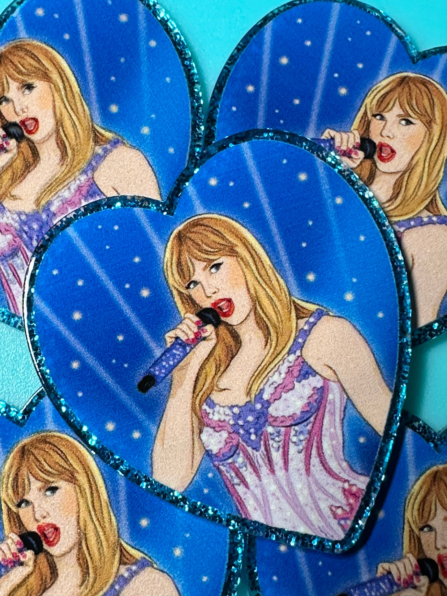 Three (3) Taylor Swift heart acrylic pieces/ cute print/ badge reel/