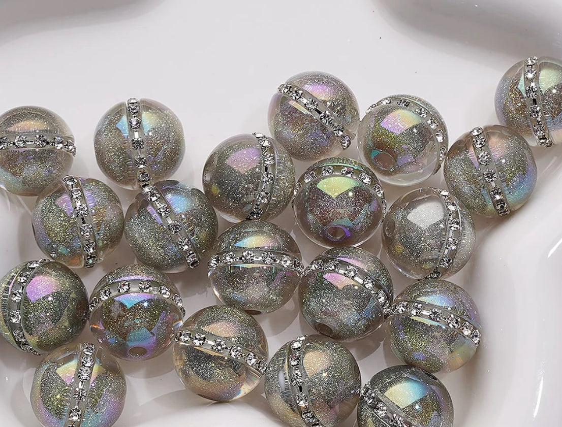 Five (5) acrylic light purple with rhinestone band/grey color with rhinestone beads/ fancy jewelry Bead/ beadable pen beads/ glitter bead/ DIY/ 16mm