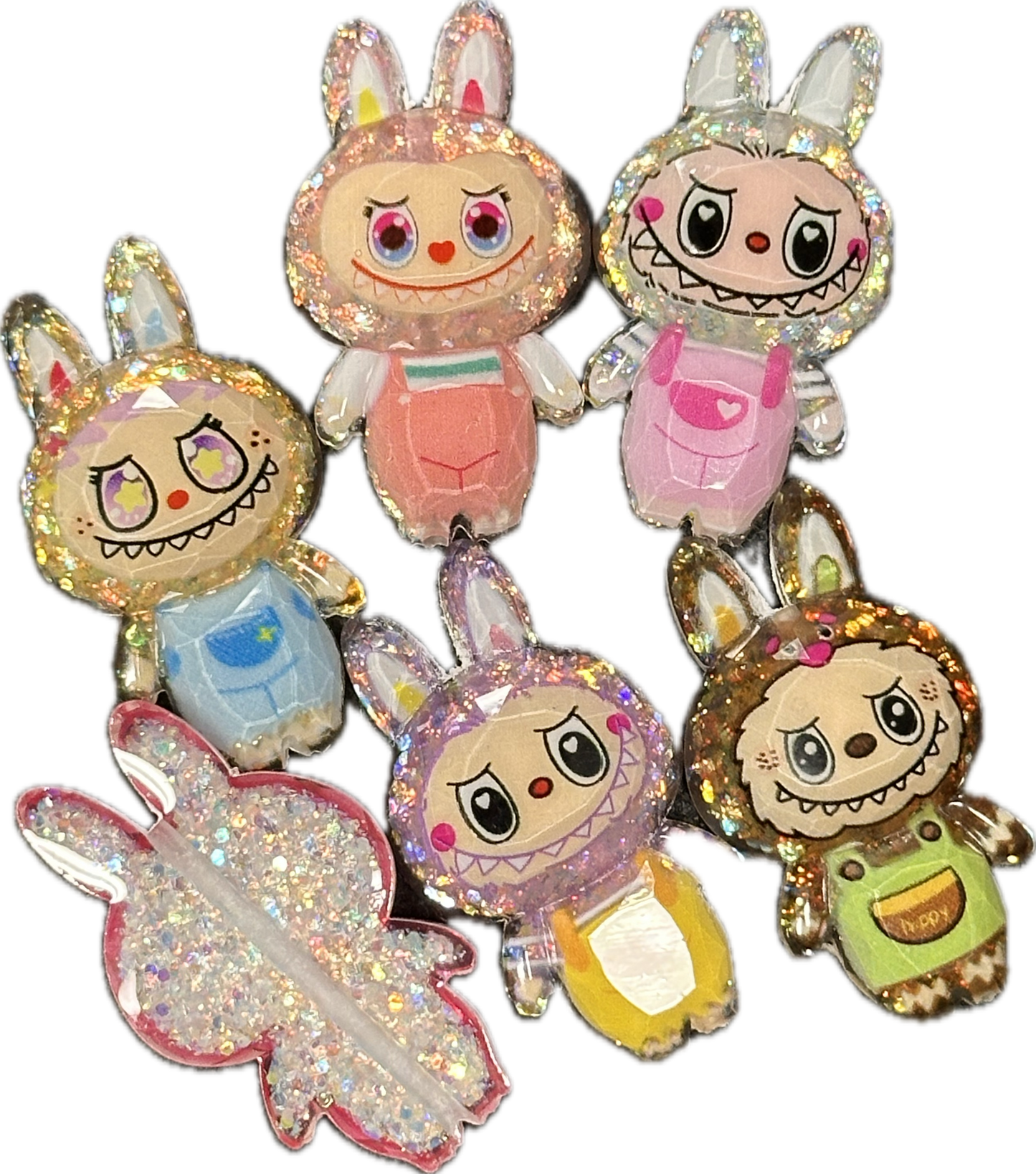 Glue On Glitter Labubu Charms – Flat Back Embellishments for DIY Crafts- Set of 5 different designs