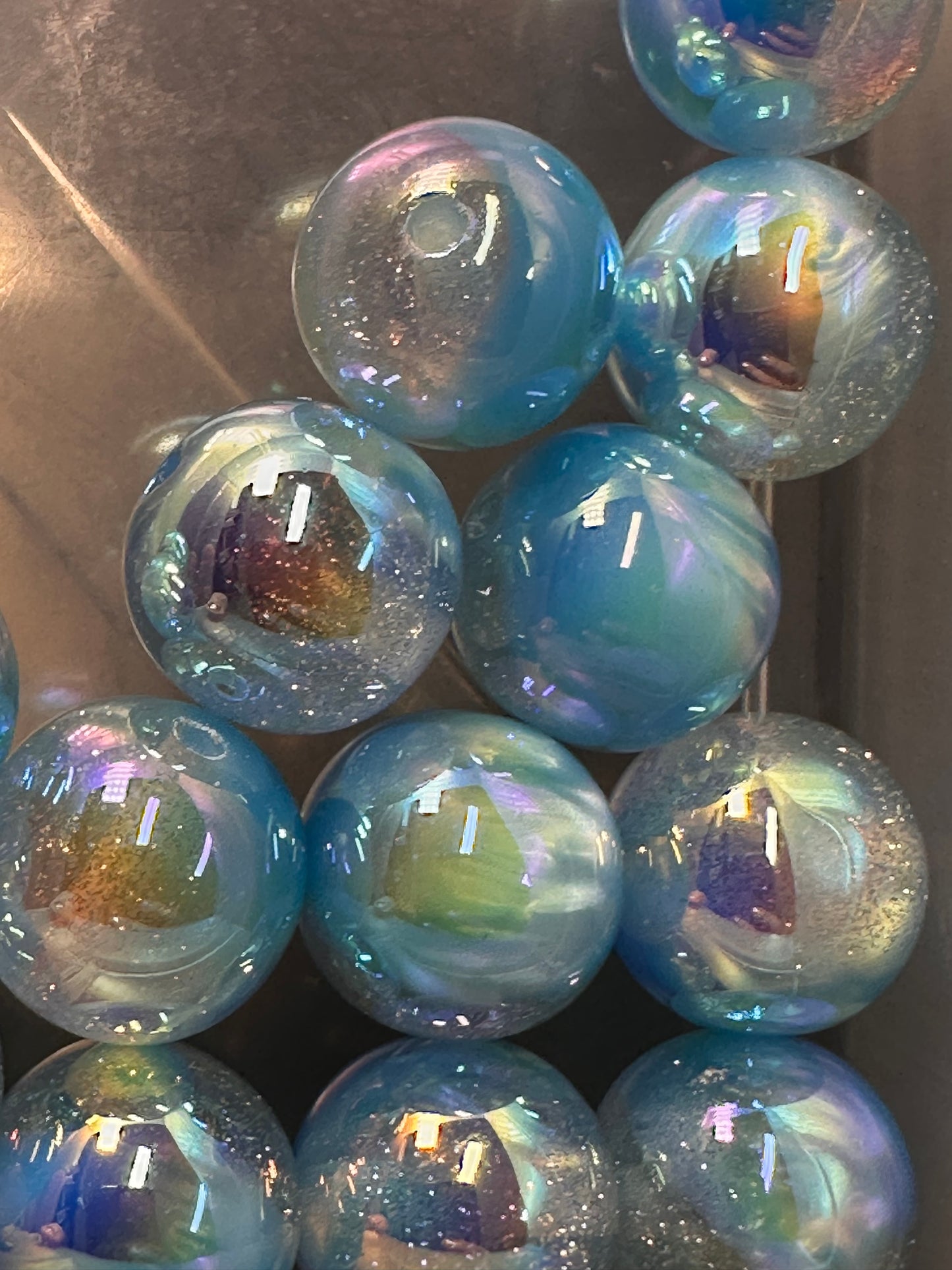 Ten (10) blue clear and green mixed beads with glitter sparkle inside/ sparkle beads/ 16mm/pen beading beads/ bling beads/ keychain beads/ DIY