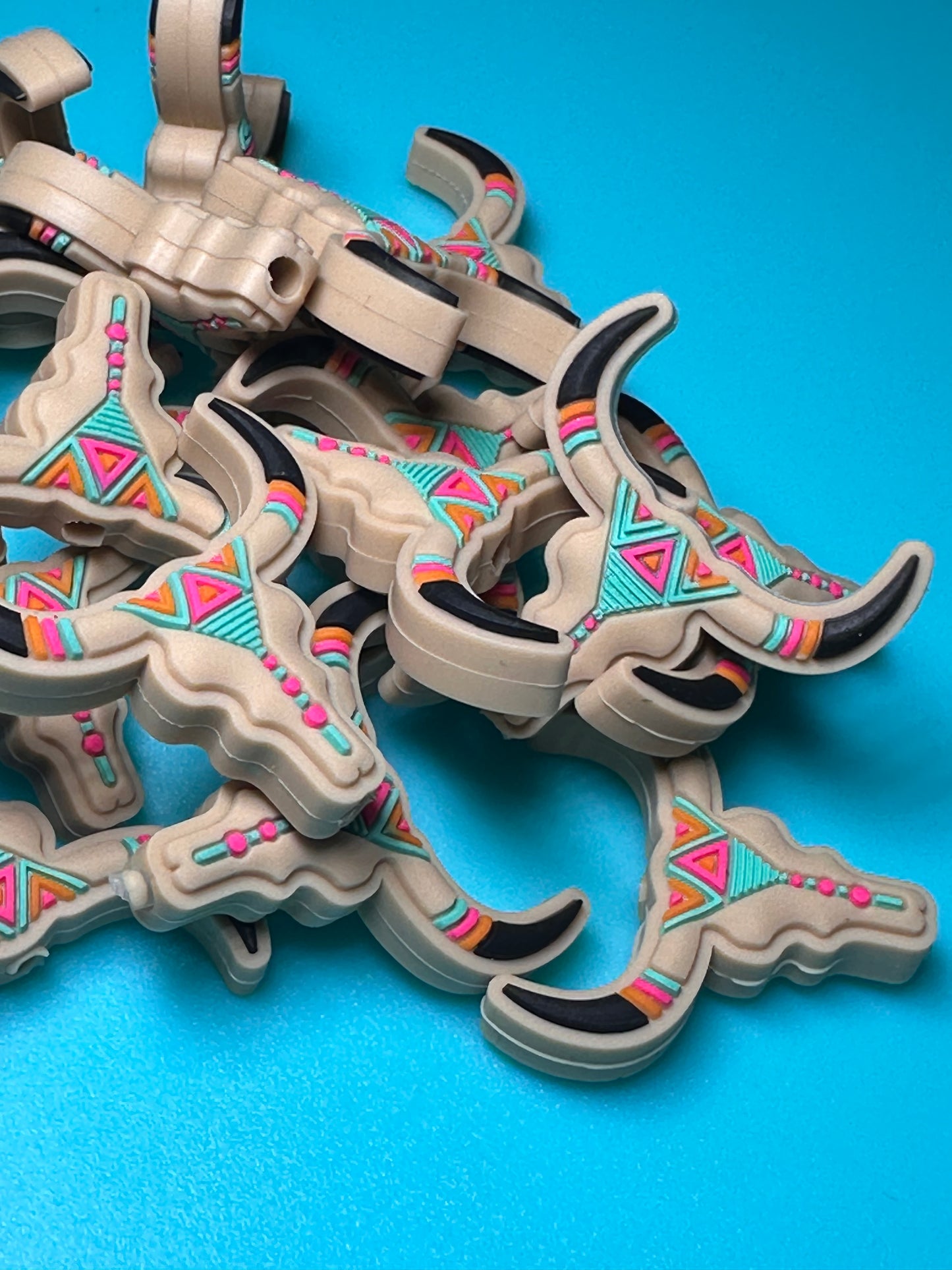 Tan, Aqua and pink cow head steer skeleton Focal Bead /