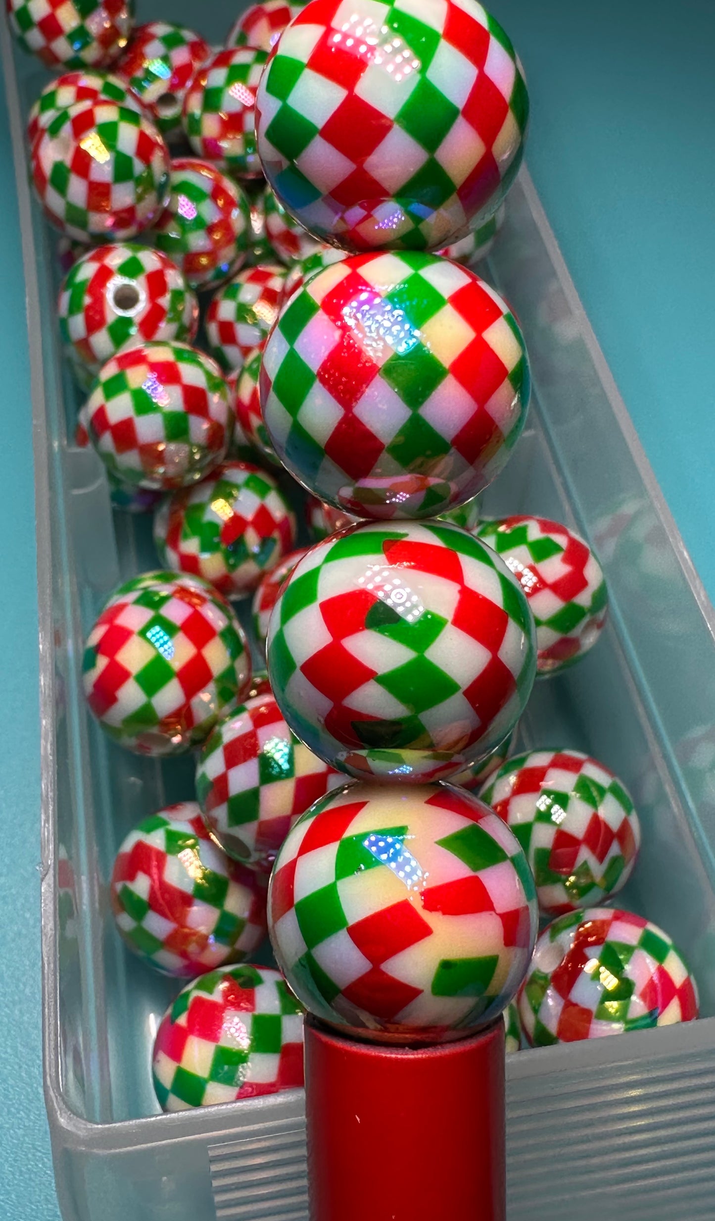 Acrylic red, green, and white checkered beads included/ Bead/ beadable pen/ keychain bead/ Christmas bead/ Ten (10) beads