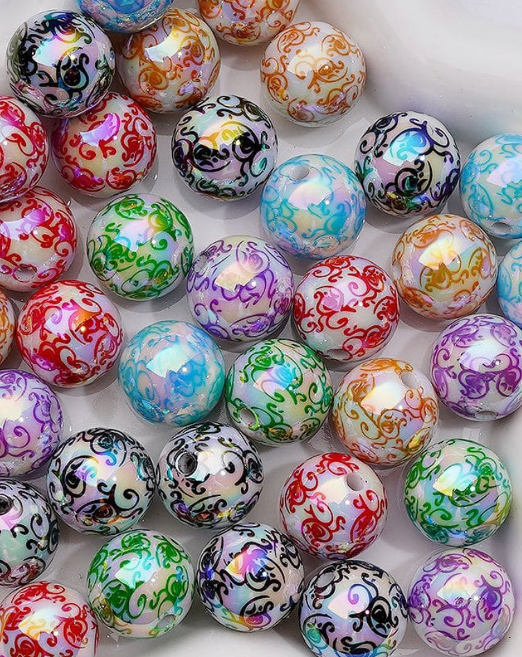 Assorted color doodle vines on white jelly beads/ Ten (10) acrylic assorted colors pattern round shaped beads included/ jewelry Bead/ beadable pen beads/ keychain bead/ DIY/ shiny unique 16mm beads UV coated/