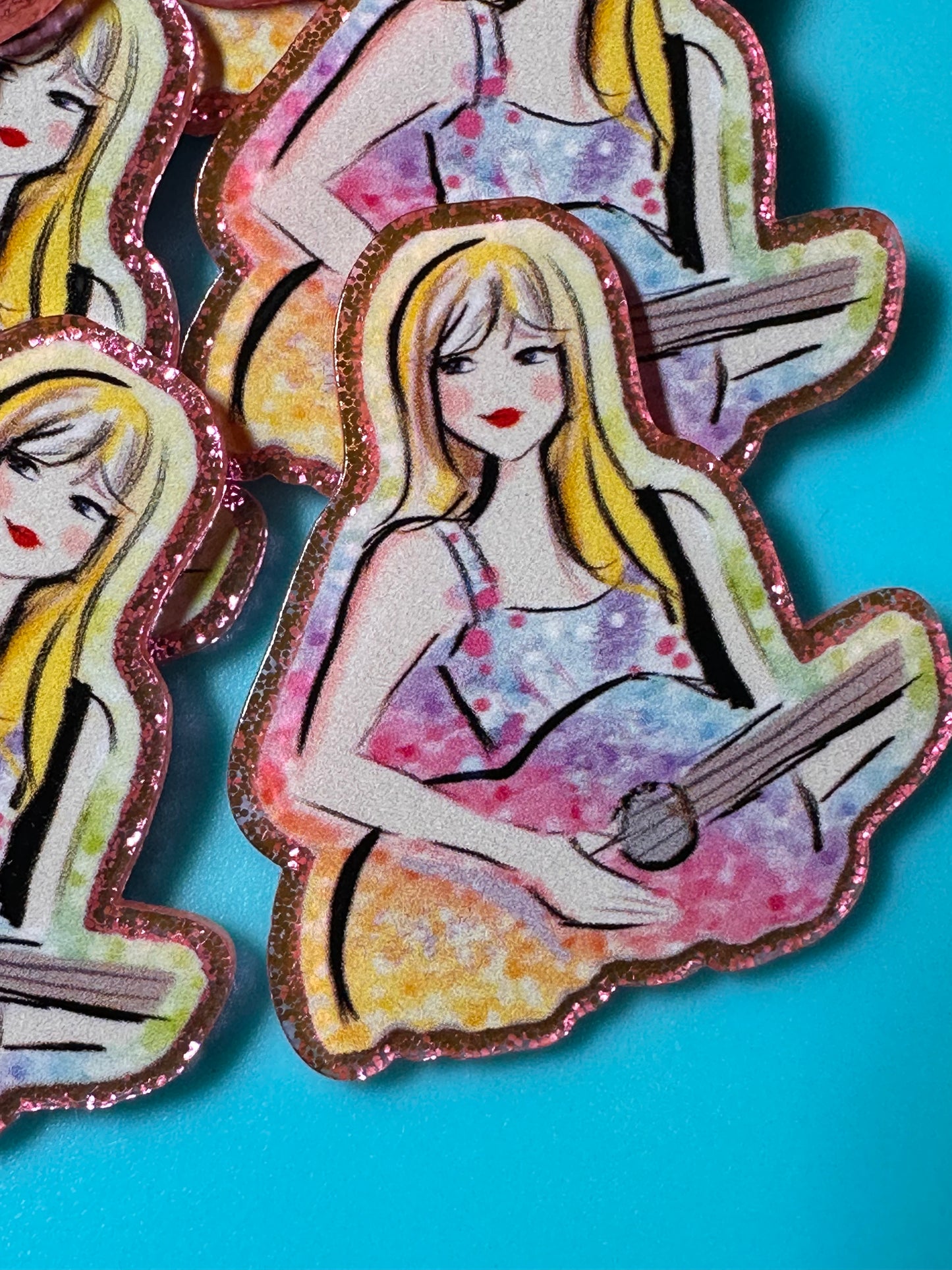Three (3) Taylor Swift with guitar acrylic pieces/ cute print/ badge reel/ planar