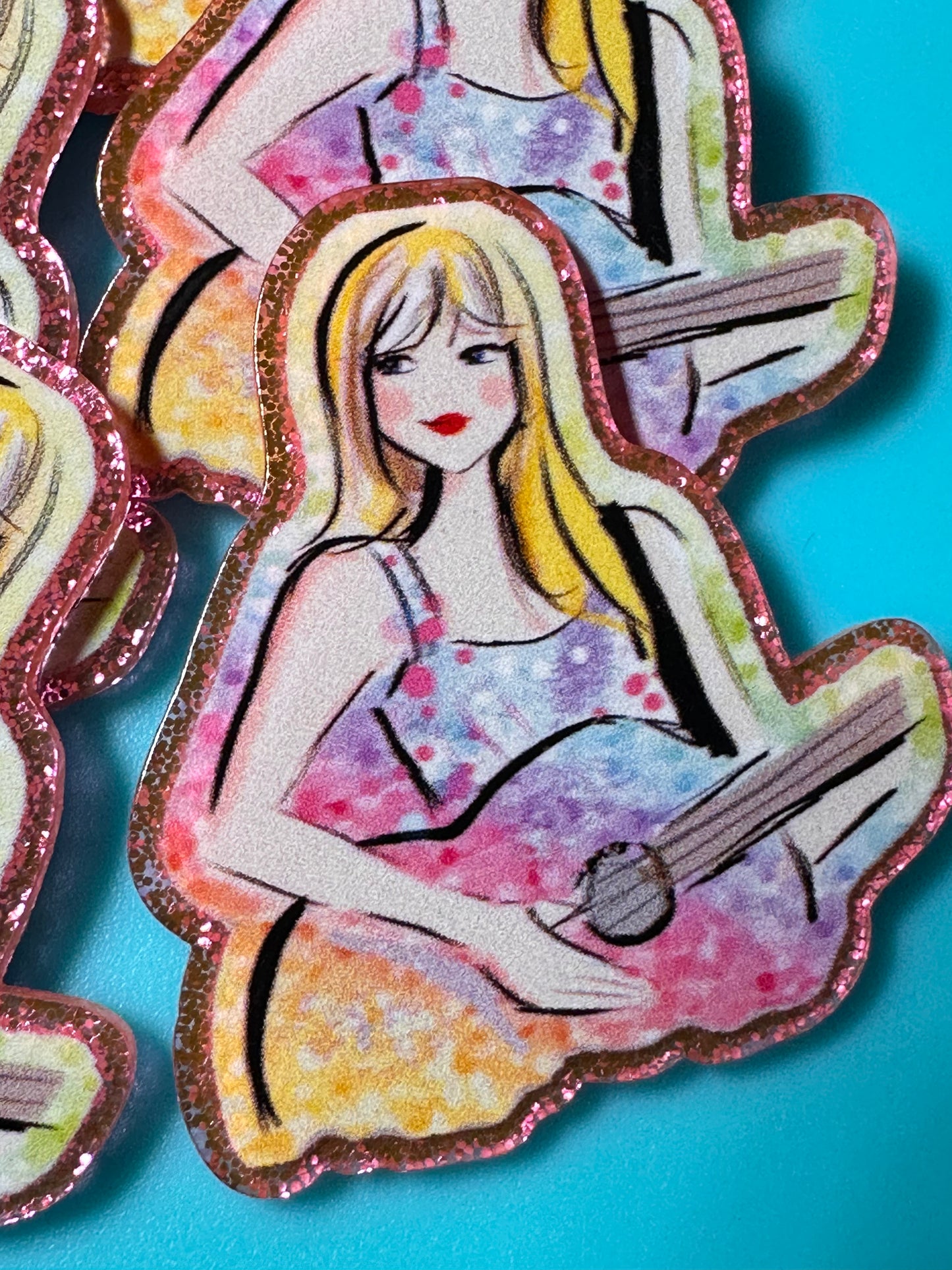 Three (3) Taylor Swift with guitar acrylic pieces/ cute print/ badge reel/ planar