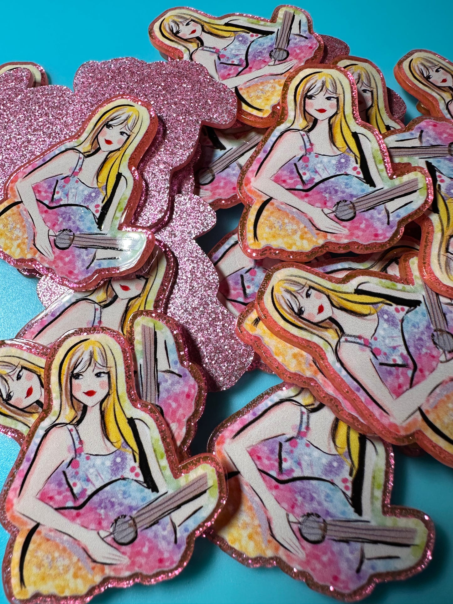Three (3) Taylor Swift with guitar acrylic pieces/ cute print/ badge reel/ planar