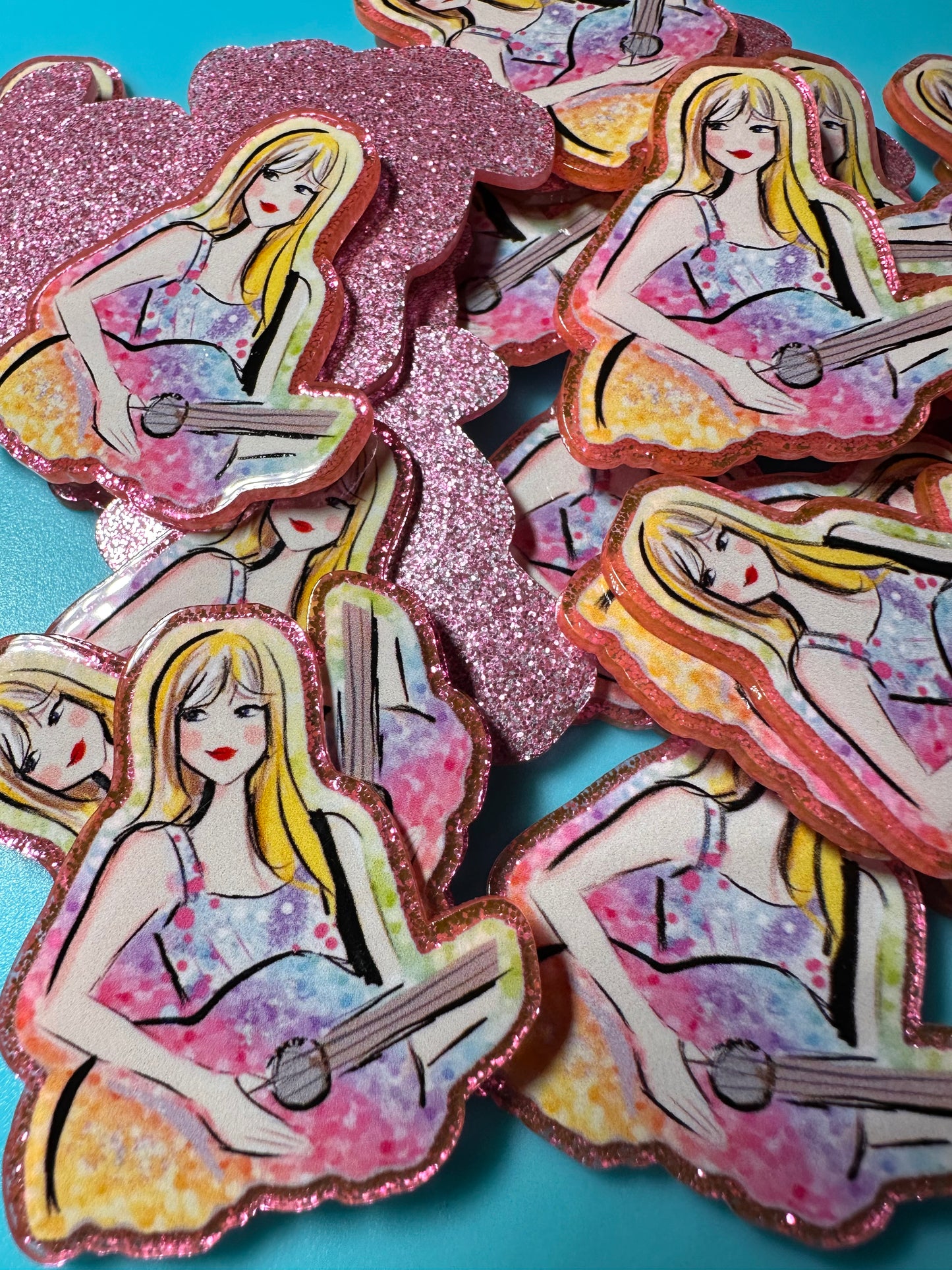 Three (3) Taylor Swift with guitar acrylic pieces/ cute print/ badge reel/ planar
