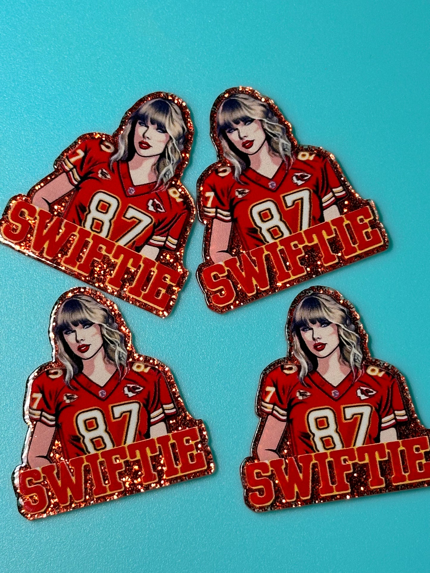 Three (3) Taylor Swift football jersey acrylic pieces/ cute print/ badge reel/