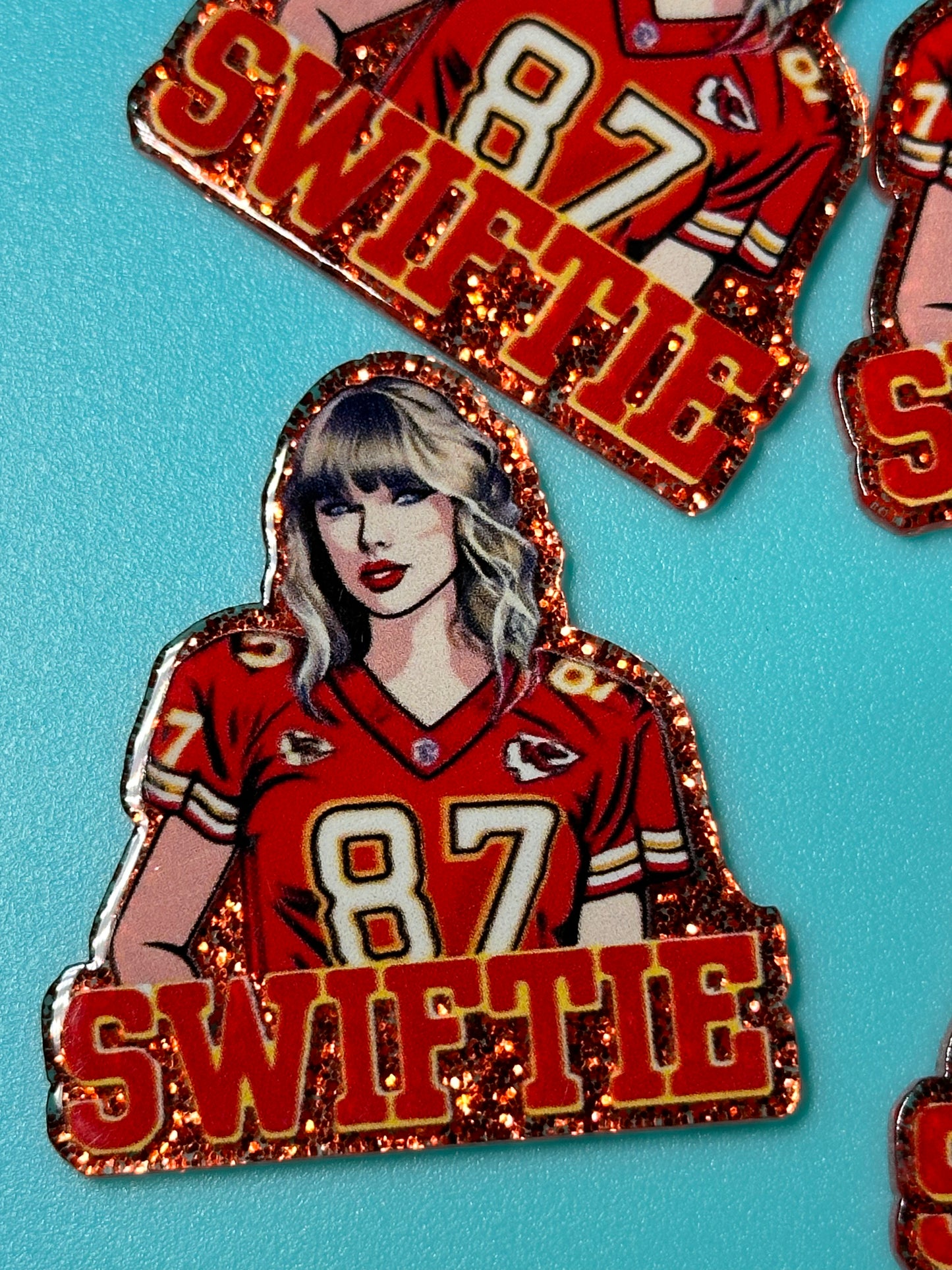 Three (3) Taylor Swift football jersey acrylic pieces/ cute print/ badge reel/
