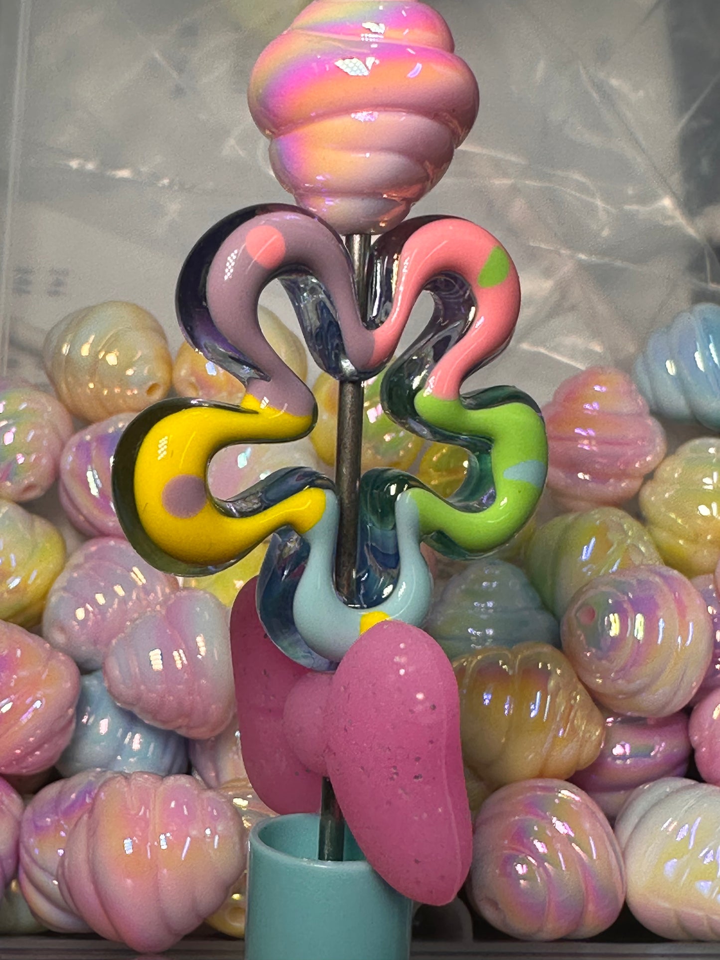 Flower hand painted frame beads/ Focal Bead/ beadable pen/ Silicone bead/ keychain bead/ delicate/ pastel colors/ (5) beads included