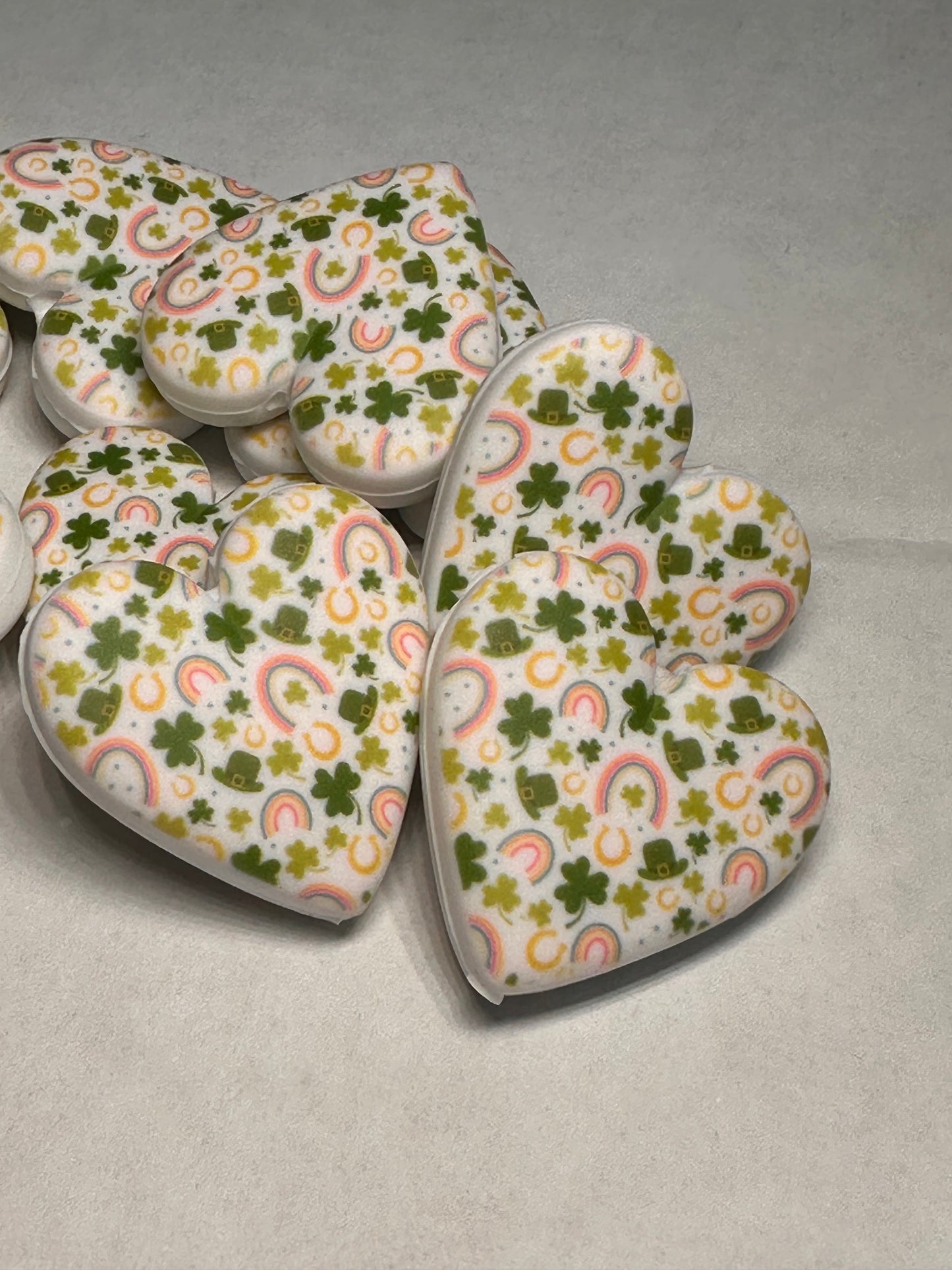 Shamrocks Rainbows Heart shaped silicone focal bead with designs/ pen beading/ keychain bead/ DIY/