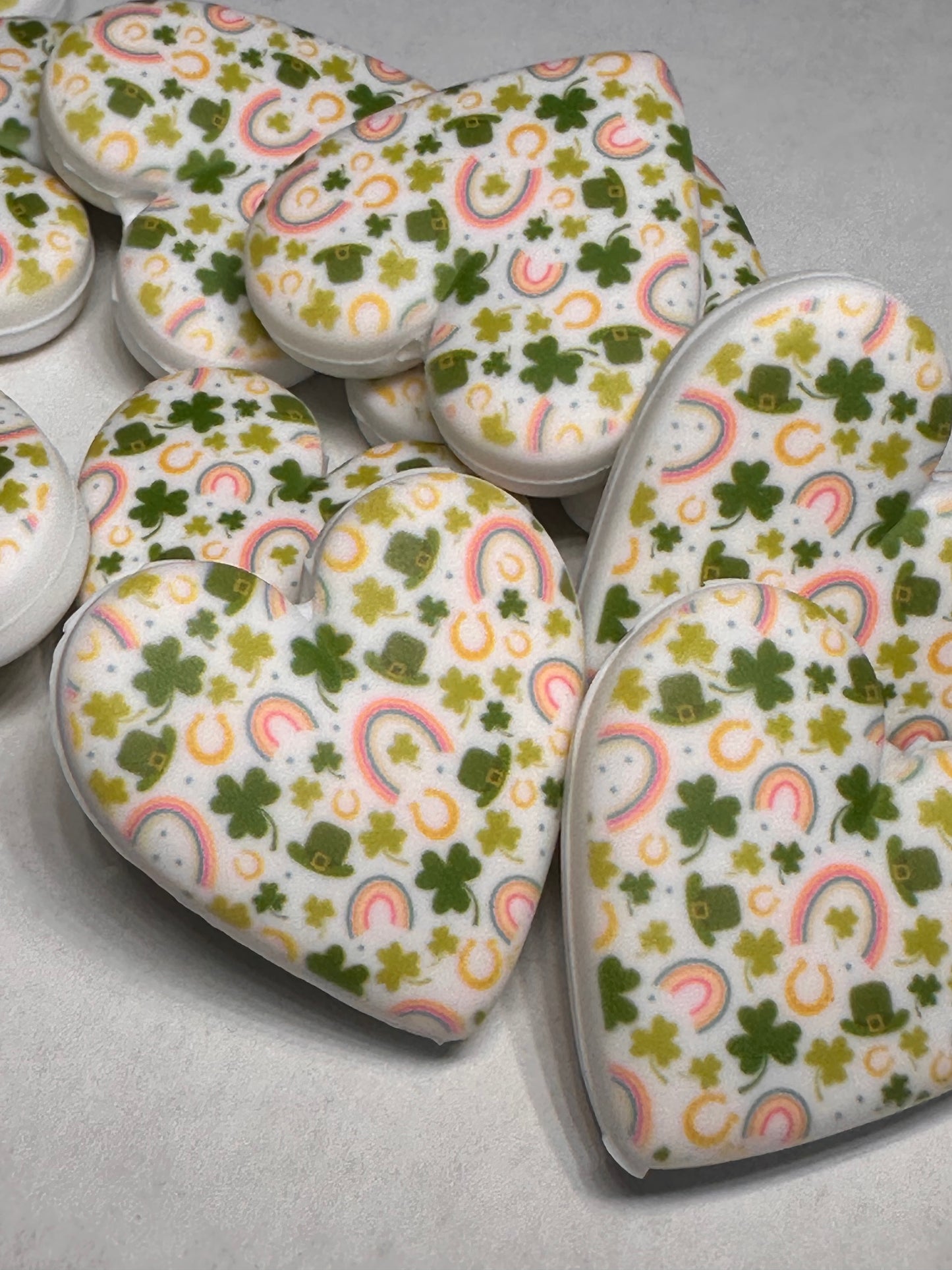 Shamrocks Rainbows Heart shaped silicone focal bead with designs/ pen beading/ keychain bead/ DIY/
