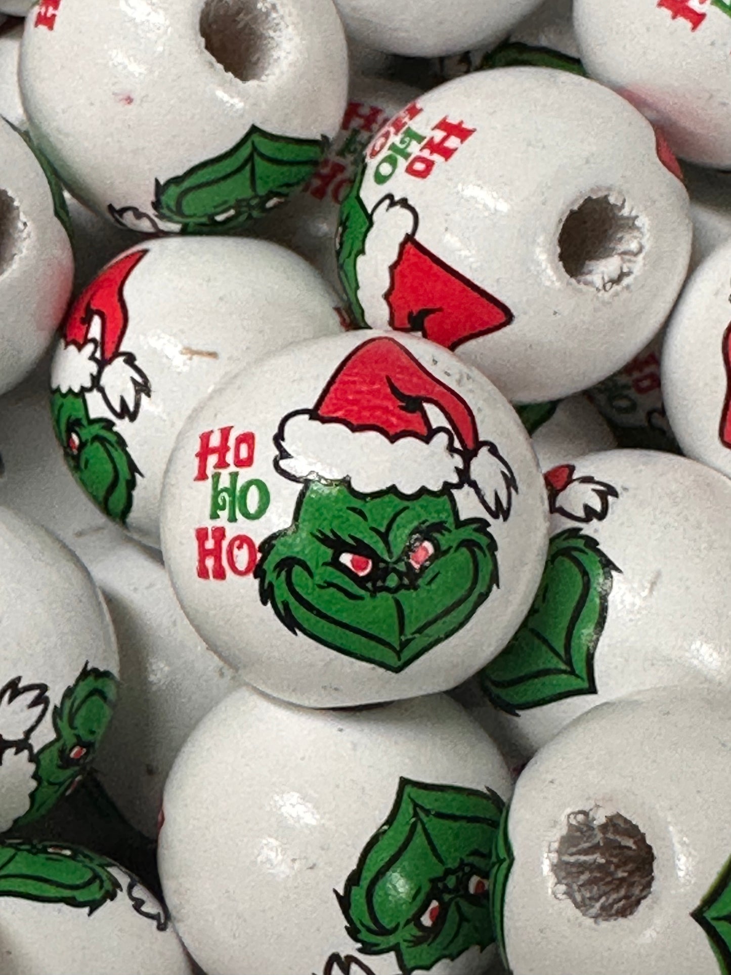 Wood beads with green guy design with approx 4 mm hole/ wooden Christmas bead/ green guy/perfect for keychains bracelets pens and crafts /14 mm