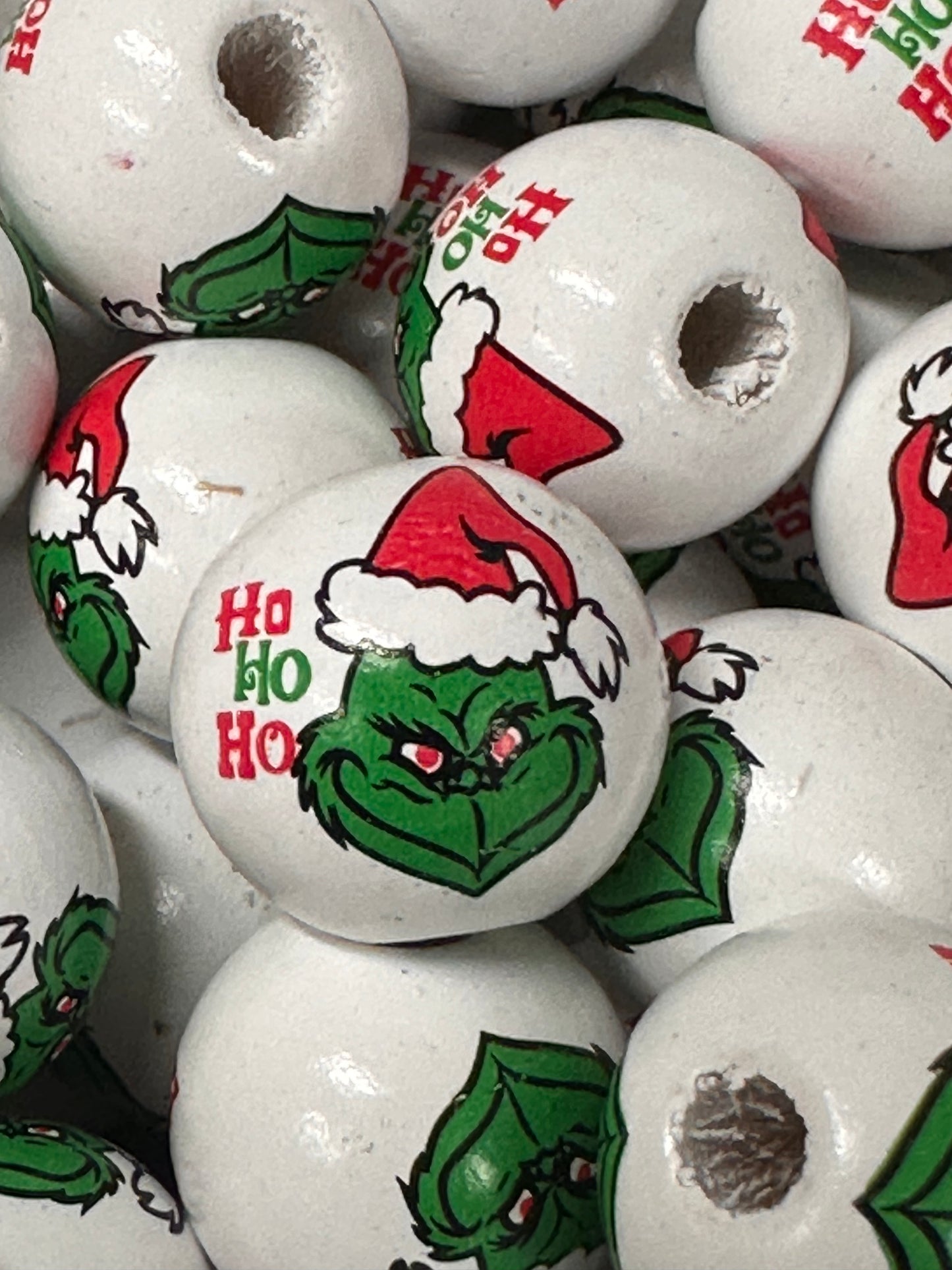 Wood beads with green guy design with approx 4 mm hole/ wooden Christmas bead/ green guy/perfect for keychains bracelets pens and crafts /14 mm