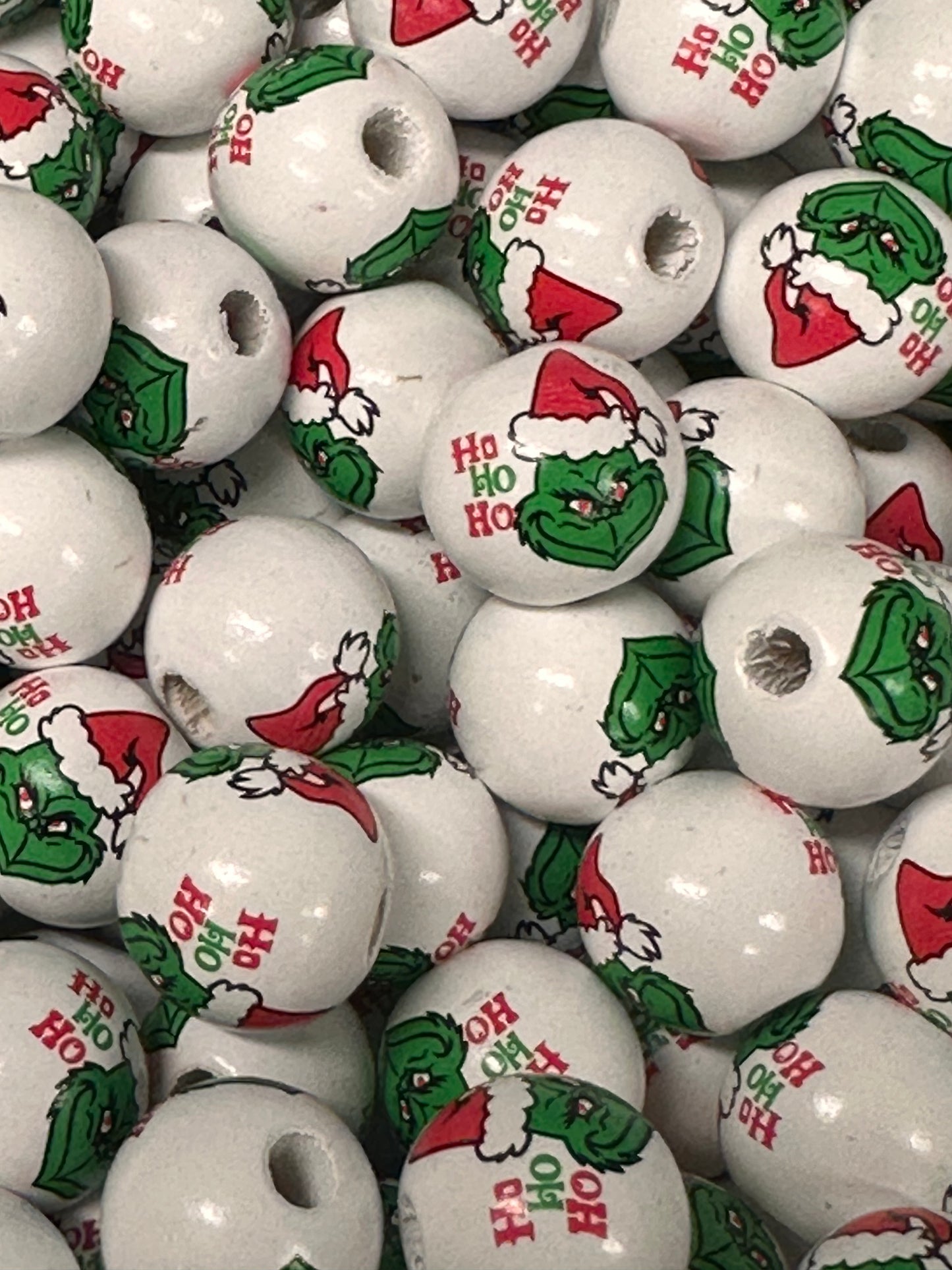 Wood beads with green guy design with approx 4 mm hole/ wooden Christmas bead/ green guy/perfect for keychains bracelets pens and crafts /14 mm