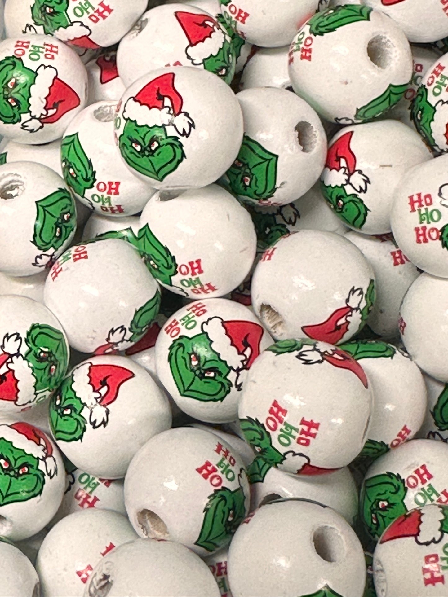 Wood beads with green guy design with approx 4 mm hole/ wooden Christmas bead/ green guy/perfect for keychains bracelets pens and crafts /14 mm