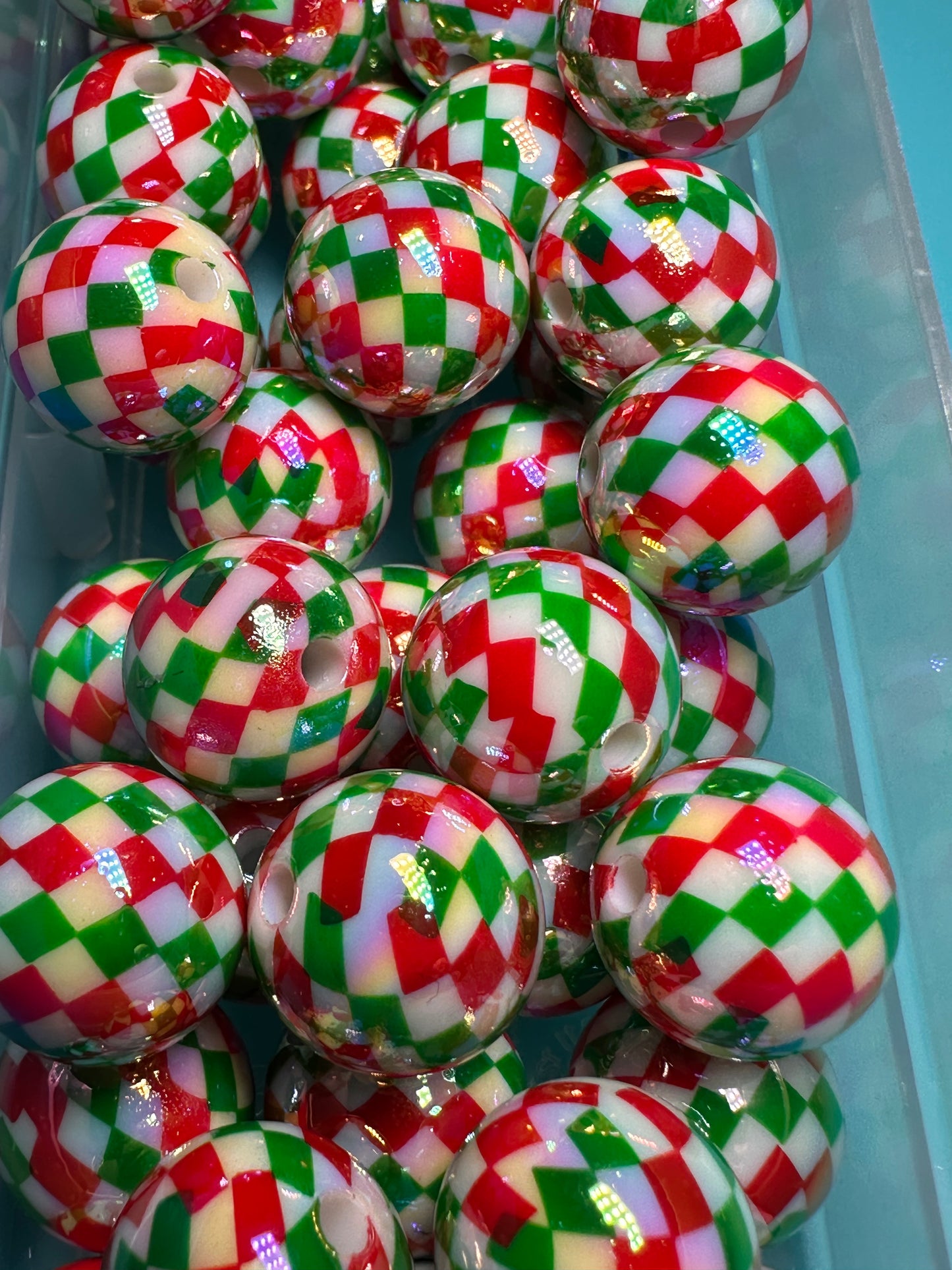 Acrylic red, green, and white checkered beads included/ Bead/ beadable pen/ keychain bead/ Christmas bead/ Ten (10) beads