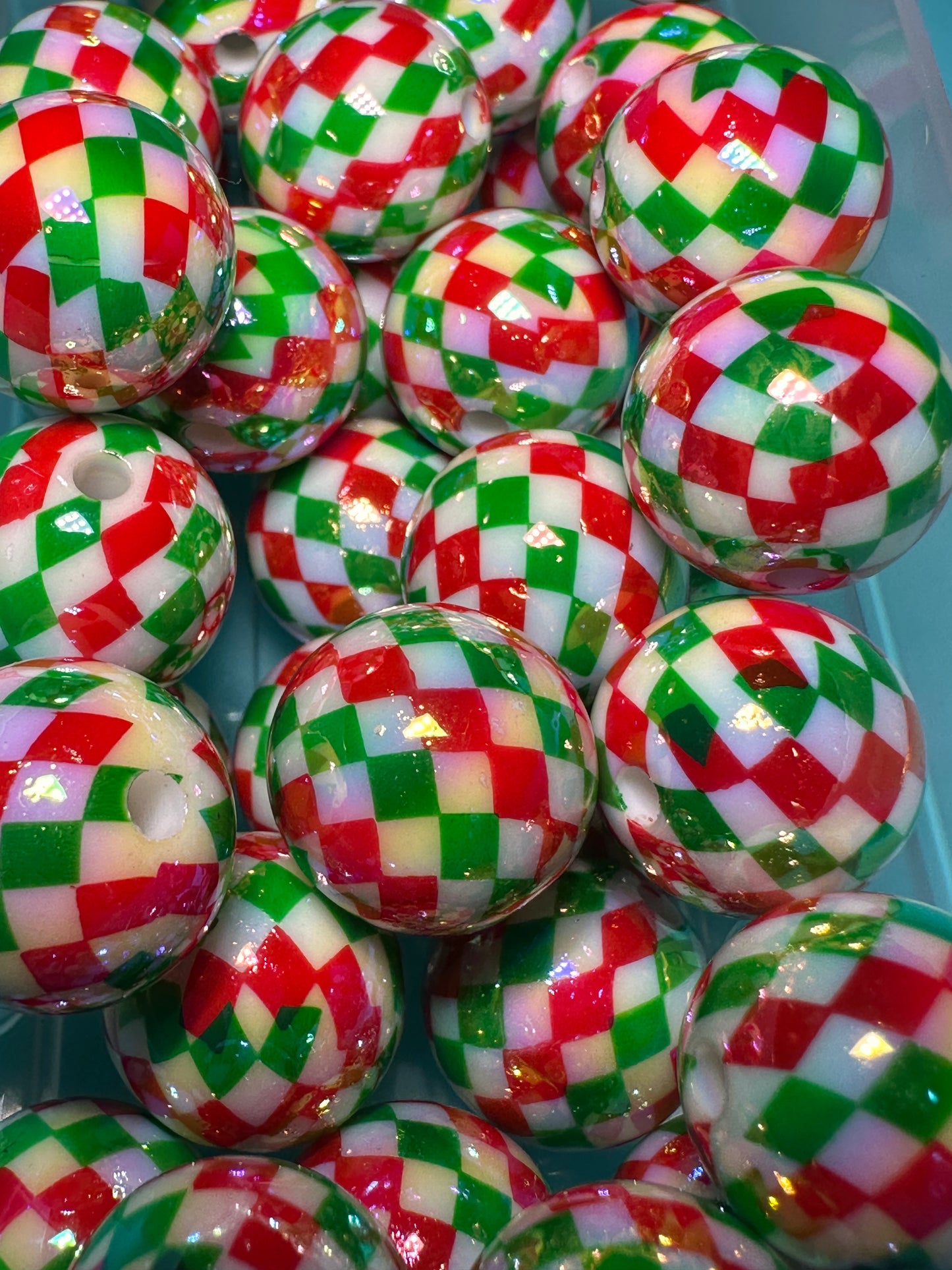 Acrylic red, green, and white checkered beads included/ Bead/ beadable pen/ keychain bead/ Christmas bead/ Ten (10) beads