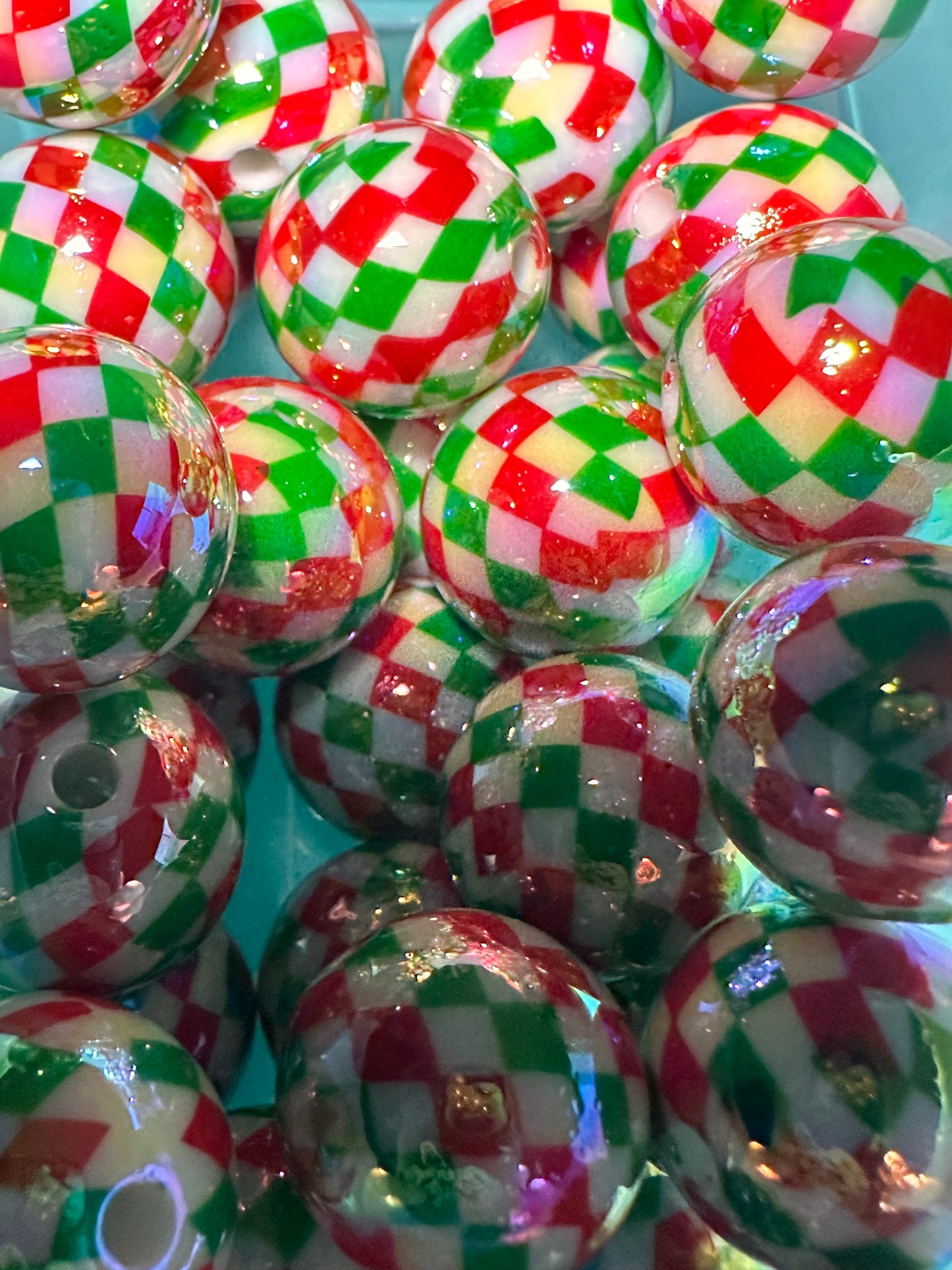Acrylic red, green, and white checkered beads included/ Bead/ beadable pen/ keychain bead/ Christmas bead/ Ten (10) beads