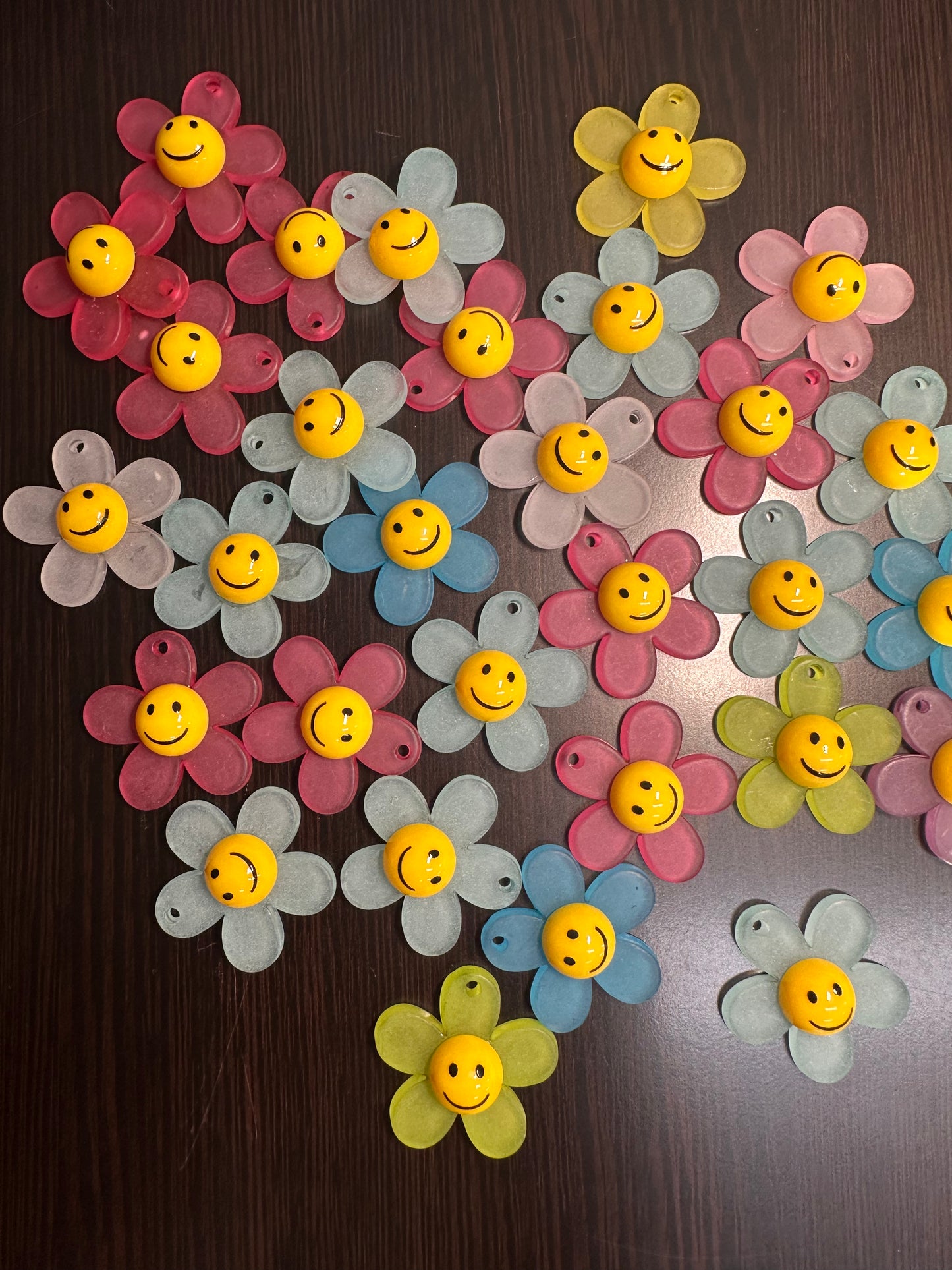 Matte Smiley face flower acrylic charms pendants/ perfect for earrings, charm bracelets, necklaces, bag charms, and so much more