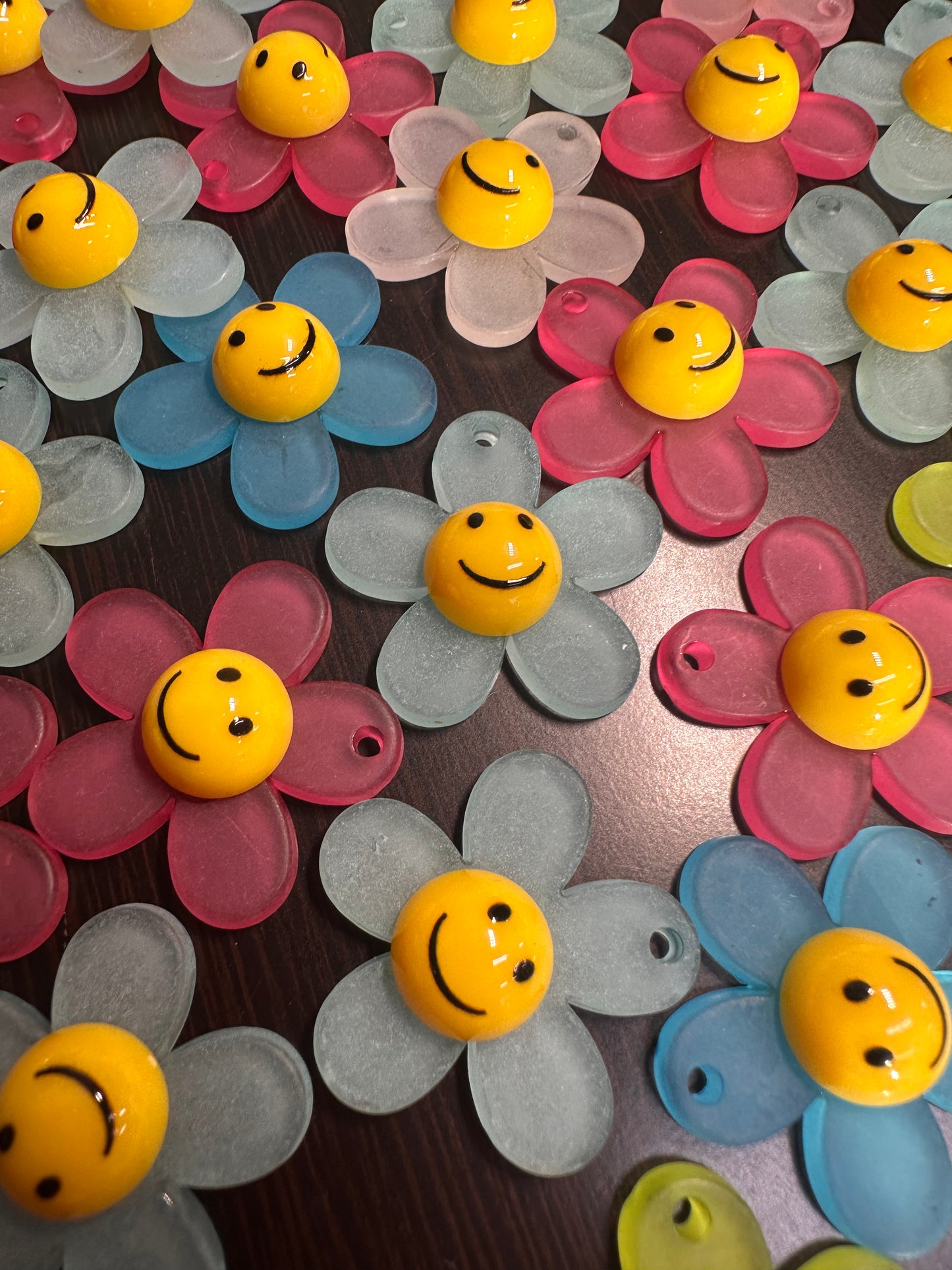 Matte Smiley face flower acrylic charms pendants/ perfect for earrings, charm bracelets, necklaces, bag charms, and so much more