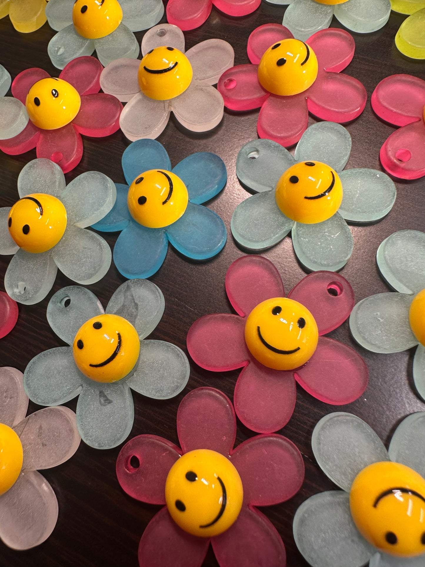 Matte Smiley face flower acrylic charms pendants/ perfect for earrings, charm bracelets, necklaces, bag charms, and so much more