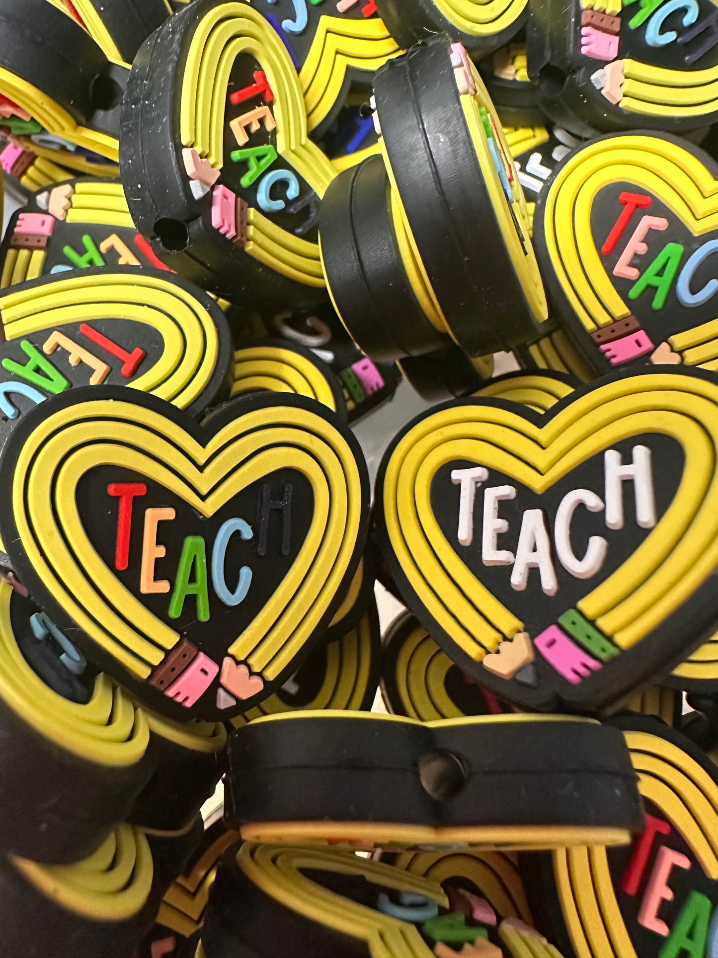 Teacher /Teaching heart Focal Bead/ beadable pen/ Silicone bead/ keychain bead/ pencils
