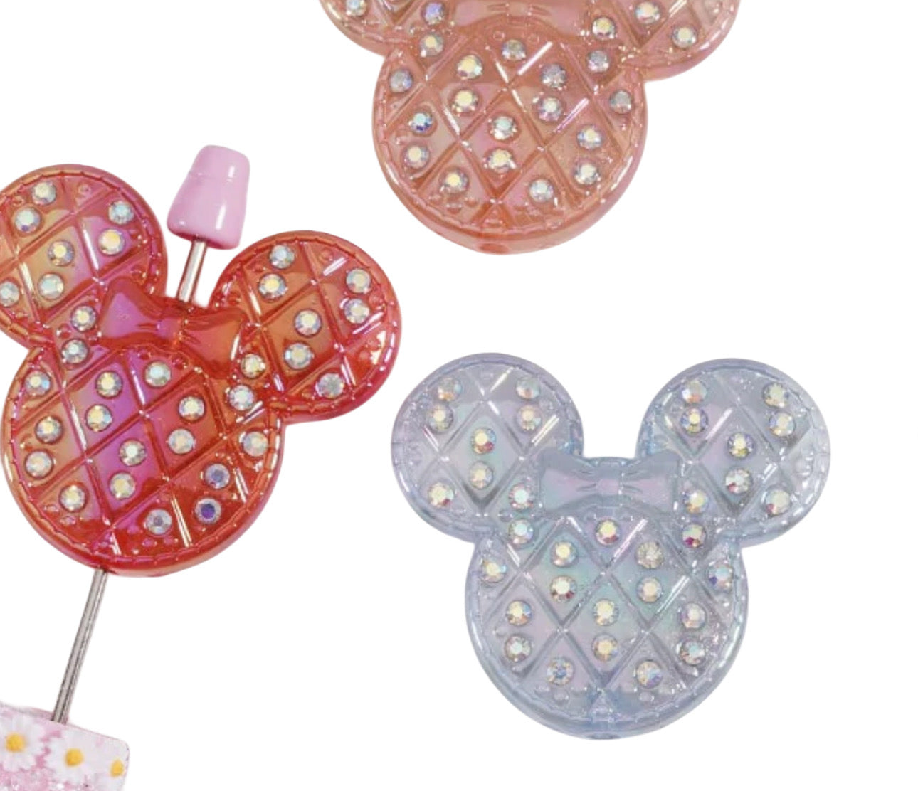 Large fancy heads with sparkly rhinestones- set of 3/ same on both sides/ beadable pen/ keychain beads/ acrylic beads/ UV coated/ 42mmx48mm
