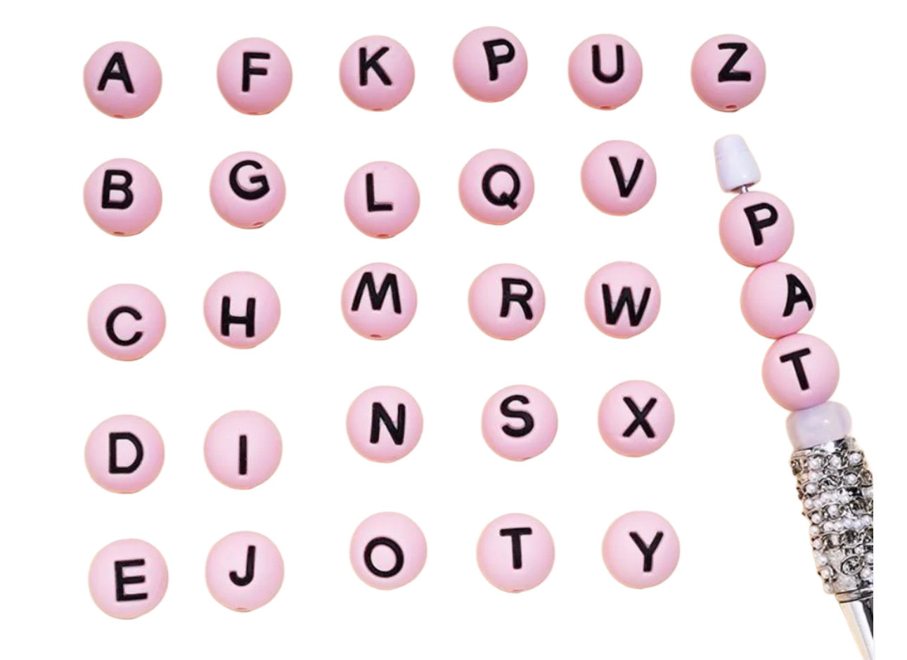 Light Pink color alphabet letter set silicone round beads/ 26 beads included/15 mm/ pen/ keychain beads/ hole top to bottom/ hard to find beadperfect for beadable pens and keychain DIY/