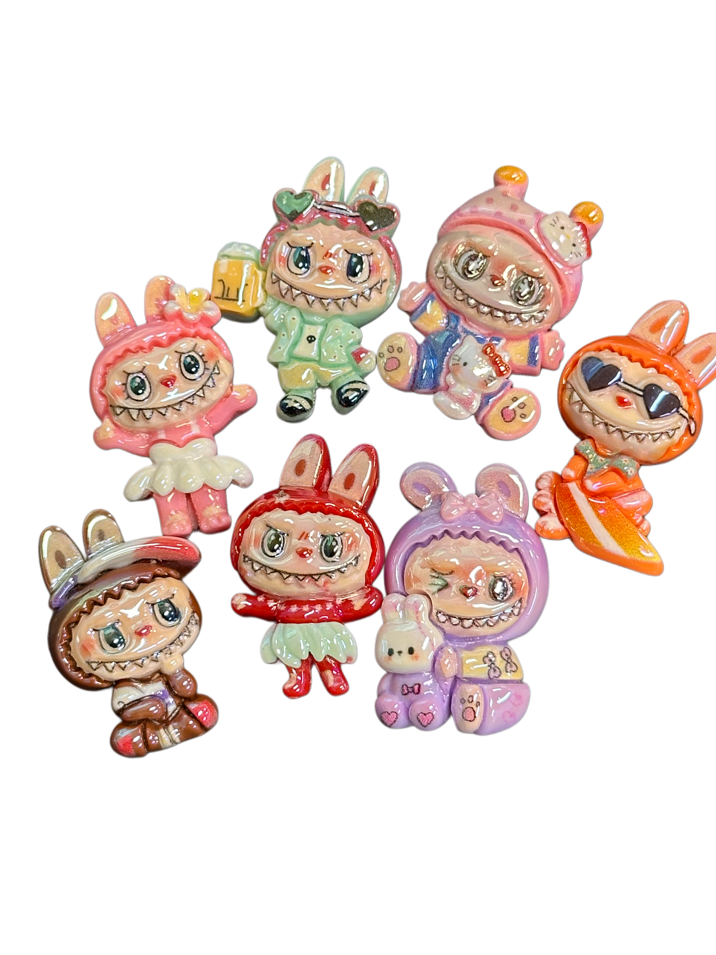 Labubu monster acrylic beads/ Ten (10) beads included assorted styles / flat backed beads/ will fit pen beading beads / keychain beads/ DIY/approx. 22mm x 25mm