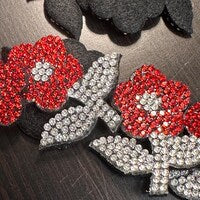 GLUE or sew on Rhinestone Flower Appliques – Red & Silver Crystal Fabric Flowers – Set of 5 Sparkling Embellishments for Crafts, Headbands, DIY